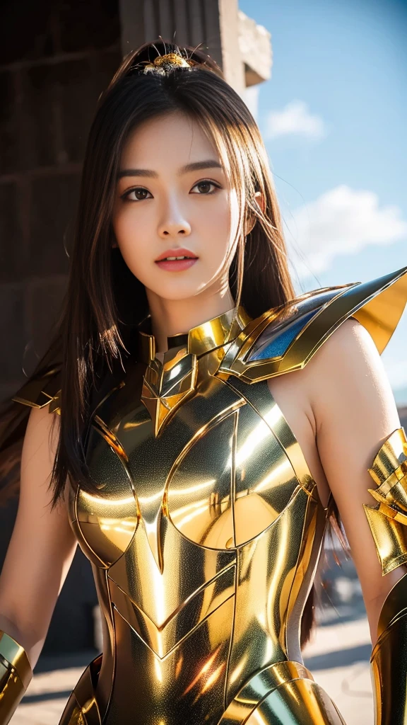 Close up, Ultra-high saturation（tmasterpiece，（best qualtiy）， （1girll,  Wearing shiny gold armor，saint seiya armor, cancer armor, walking at the Ancient Greek, uhd, 8k