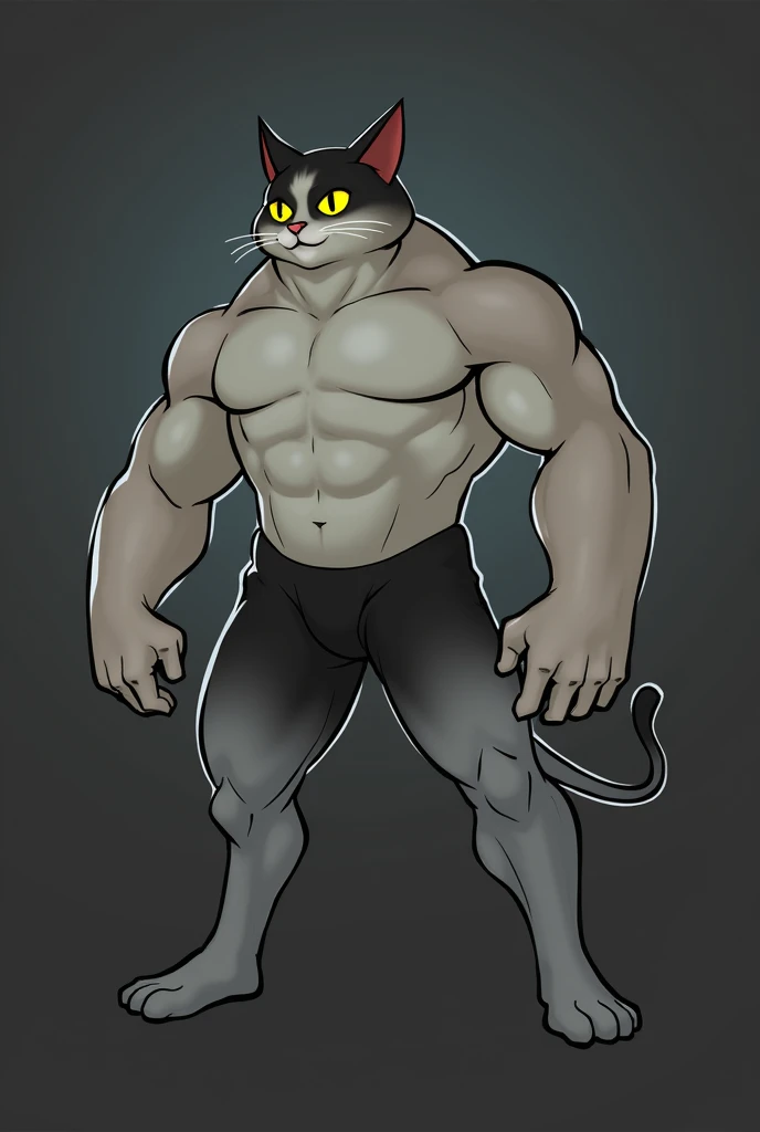 furry growth, hyper growth, hyper muscles, a cat, blue, cute cat, shirtless, white shorts, muscular, on a gray background