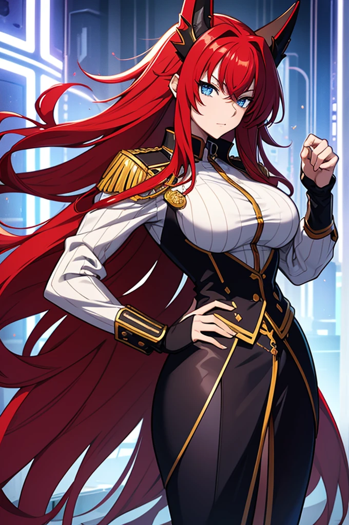 "A confident and elegant mature woman with vibrant flowing red hair and mesmerizing diamond blue eyes, wearing a luxurious yet comfortable white suit, graces the art gallery with her radiant smile. She stands gracefully and giving greetings"