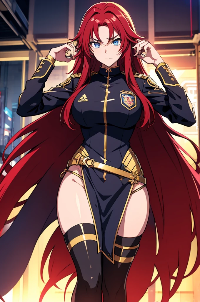 A cinematic medium shot of Samira, a fierce female anime character. She has long red hair and intense blue eyes. She is wearing a sleek, form-fitting outfit with white, black, and red hues, adorned with gold accents. The "REDRAGON FURY X" emblem is prominently displayed on her uniform. The artist's signature, "Dragonsteel7," is artistically inscribed at the base. The backdrop is a futuristic, dystopian cityscape.