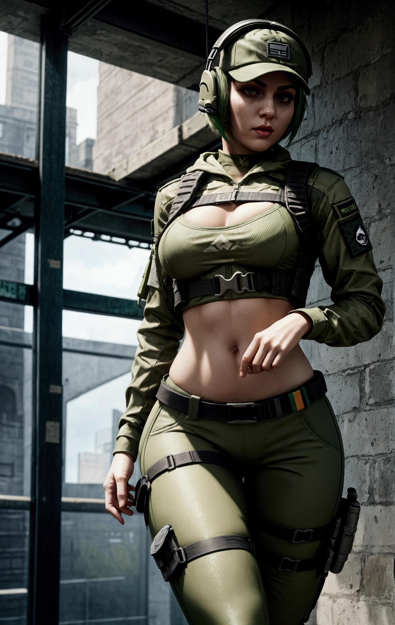 ela rainbow six siege, green short hair, cap, tactical headphones, belts, straps, open belly, tight cloth, sexy pose, pockets on the cloth, thin narrow waist, 3 size breasts, yoga military pants