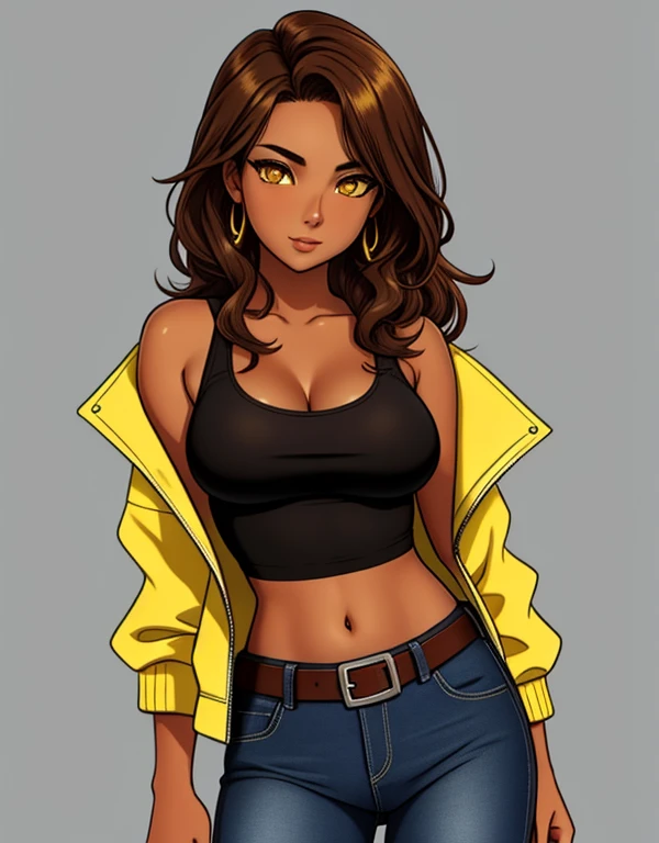 1girl, solo, mixed race Nicaraguan-Navajo woman, 24yo, wavy hair, brown hair, (yellow eyes:1.5), tan-bronze skin, athletic figure, medium breasts BREAK She’s wearing early 2000's fashion: opened red jacket, black tank-top, belt, jeans BREAK looking at viewer, BREAK set in the early 2000’s, BREAK (masterpiece:1.2), best quality, high resolution, unity 8k wallpaper, (illustration:0.8), (beautiful detailed eyes:1.6), extremely detailed face, perfect lighting, extremely detailed CG, (perfect hands, perfect anatomy),