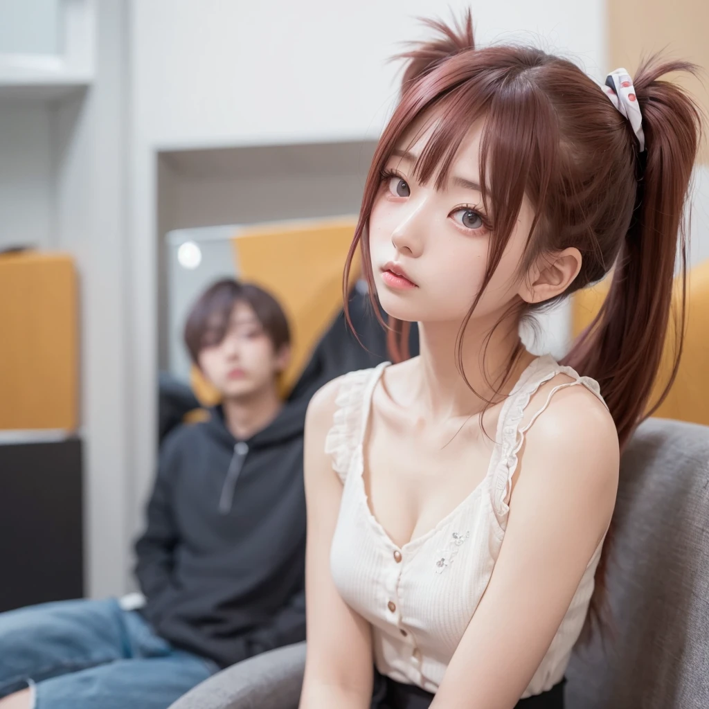 One person, Alone, Redhead, Red eyes, Twin tails,  ,, (((Boyfriend&#39;s Room))),, (((美しいSmall breasts)))、(((Bedroom)))、Heavy makeup,Eyeshadow,Eyeliner,Glossy lips,Sparkly eye glitter,Big black eyes、(((The eyes are brown)))、Big Eyes、 Long eyelashes、Long Hair, 、(((Completely naked))),(((Completely naked))),smile、(((Round face))),Big Eyes, Round eyes、(((Sitting on the couch)))、、,、Blurred Background、(((Standing))),(((Upper body photo)))、(((Late Night)))、A cute -like face、(((Small breasts))),(((Cute breasts))),(((flat chest))),(((evil smile)))