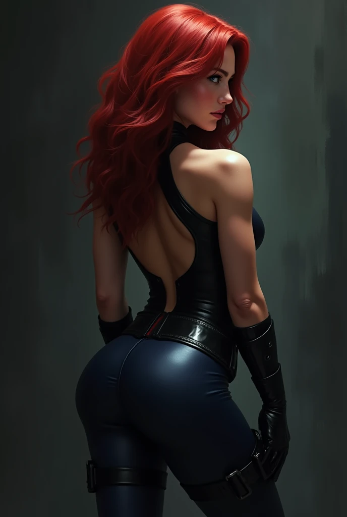 In the rear view, a redhead woman exudes confidence as she dons leather attire, her glossy oiled tan skin reflecting the golden hour light with a high contrast. Sharp focus highlights the textures of her weathered leather garment, its intricate details coming to life in a digital painting. A digital brush brings out the richness of her auburn hair cascading down her back, each strand illuminated by the warm, golden glow of the sun. Her lean figure is accentuated by the leather, every crease and curve brought to life in vivid detail, reflecting the beauty and complexity of the digital painting.