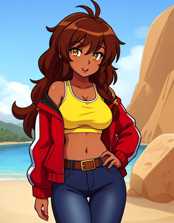 1girl, solo, mixed race Nicaraguan-Navajo woman, 24yo, wavy hair, brown hair, (yellow eyes:1.5), tan-bronze skin, athletic figure, medium breasts BREAK She’s wearing early 2000's fashion: opened red jacket, black tank-top, belt, jeans BREAK looking at viewer, BREAK set in the early 2000’s, BREAK (masterpiece:1.2), best quality, high resolution, unity 8k wallpaper, (illustration:0.8), (beautiful detailed eyes:1.6), extremely detailed face, perfect lighting, extremely detailed CG, (perfect hands, perfect anatomy),