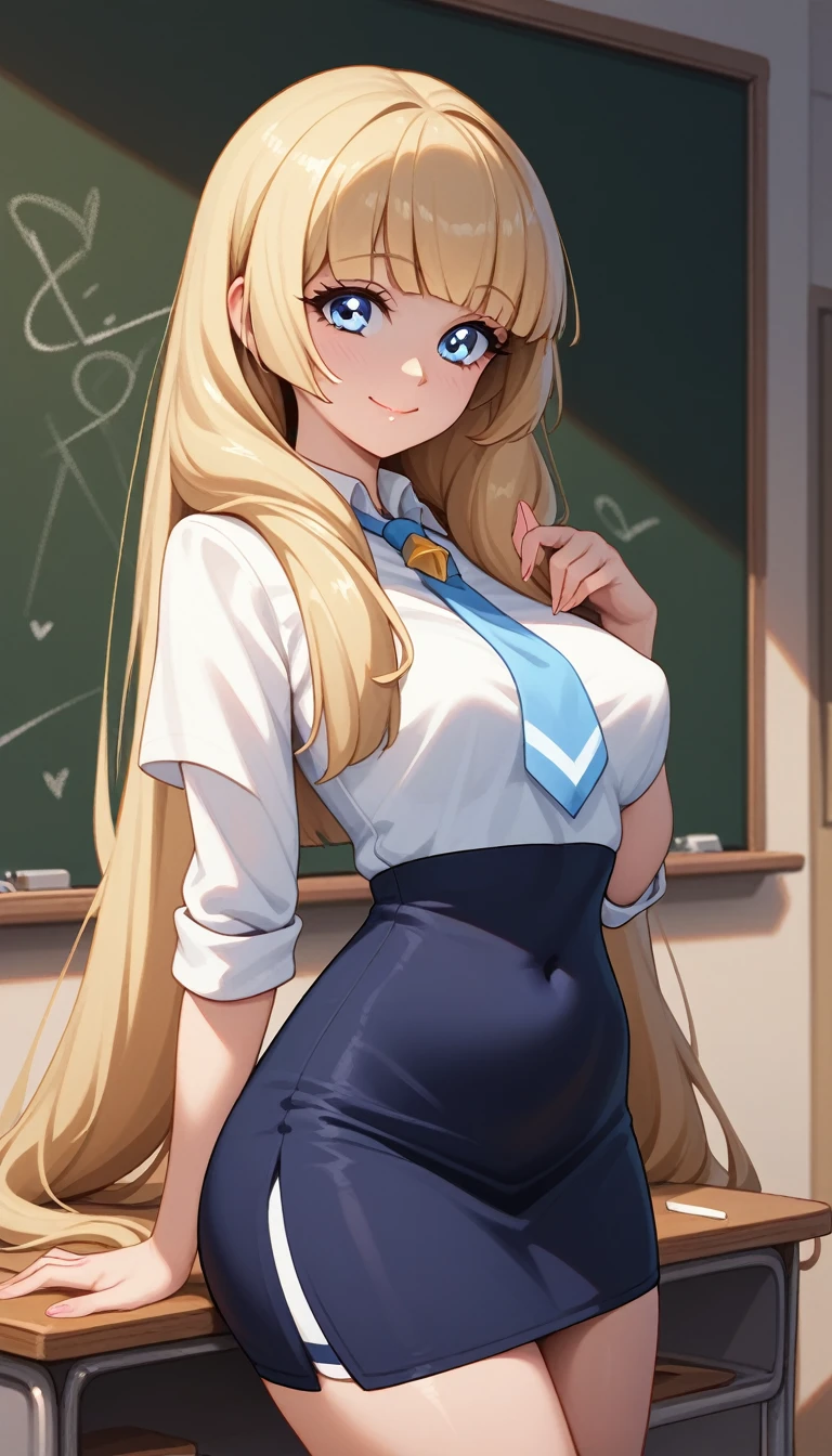 Score 9, Score 8 up, Score 7 up,, puffy nipples,
Detailed Background, Glowing Skin, blonde hair, (long twintails), teacher, in classroom, medium breasts, black skirt, smile, closed mouth, (teacher outfit). in front of chalkboard, blue eyes,