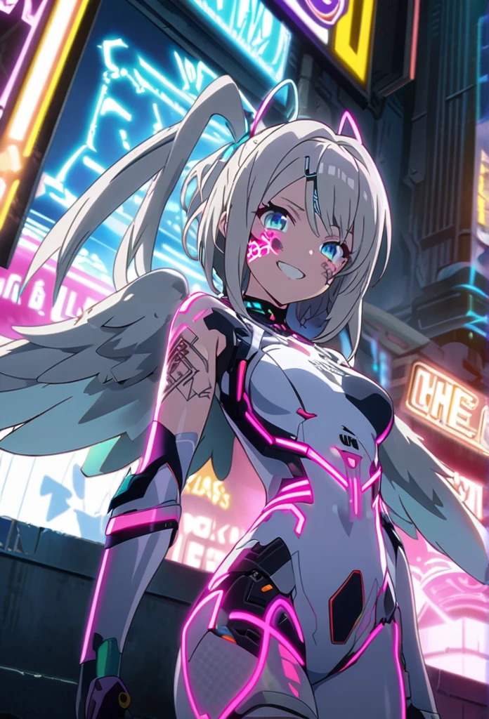 masterpiece, Best Quality, Highly detailed CG Unity 8k wallpaper, One Cyber Girl, Anime screenshots, Neon electronic circuit tattoos on the face and body, Big wings of neon lights, The best smile, Depth of written boundary, Gray Hair, Machine&#39;s Eye, Fisheye Lens