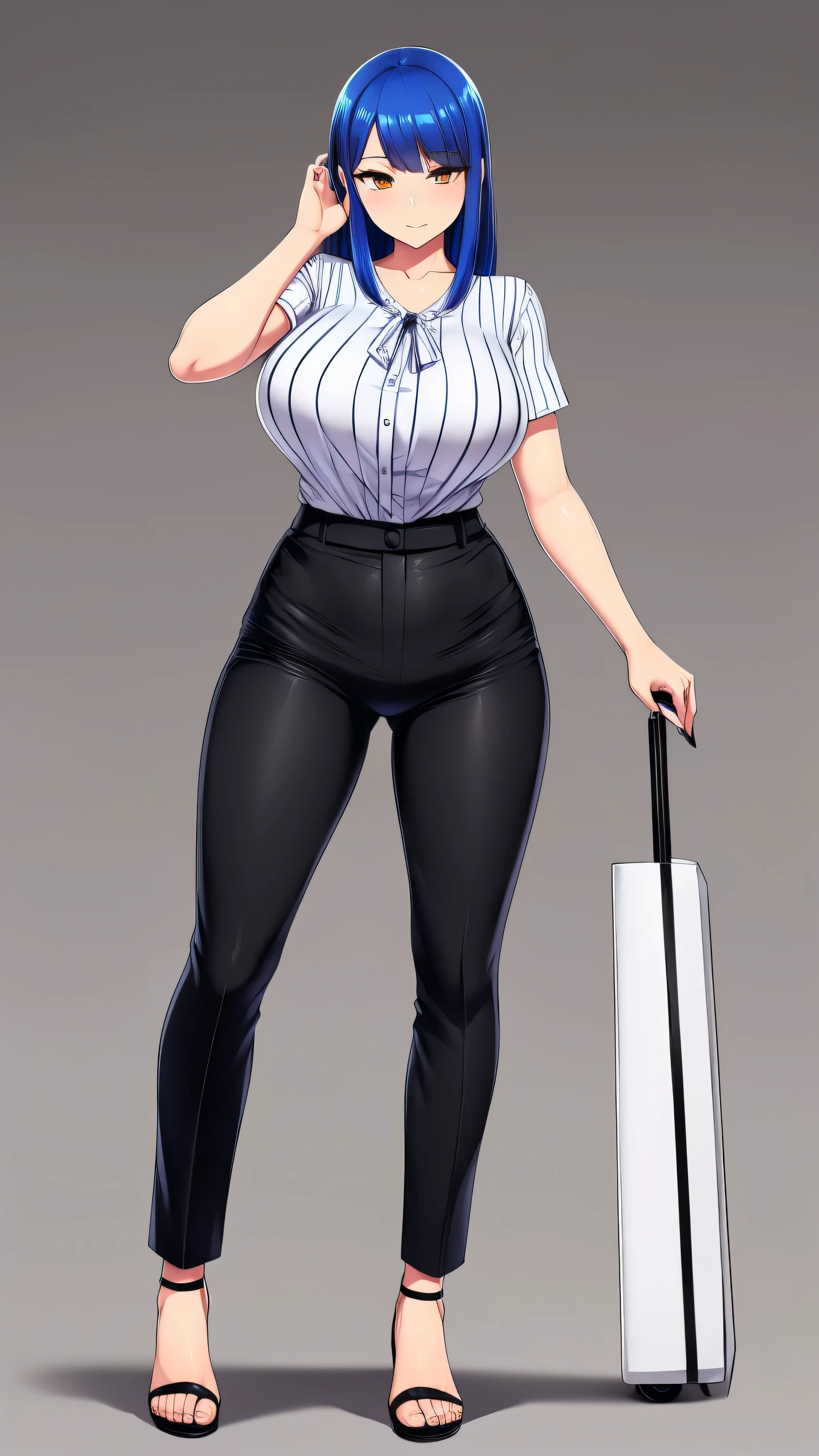 A sexy attractive beautiful woman with big breasts, royal blue hair, round cut, her orange eyes are dressed in a black and white striped blouse and long black pants, yellow flip flops