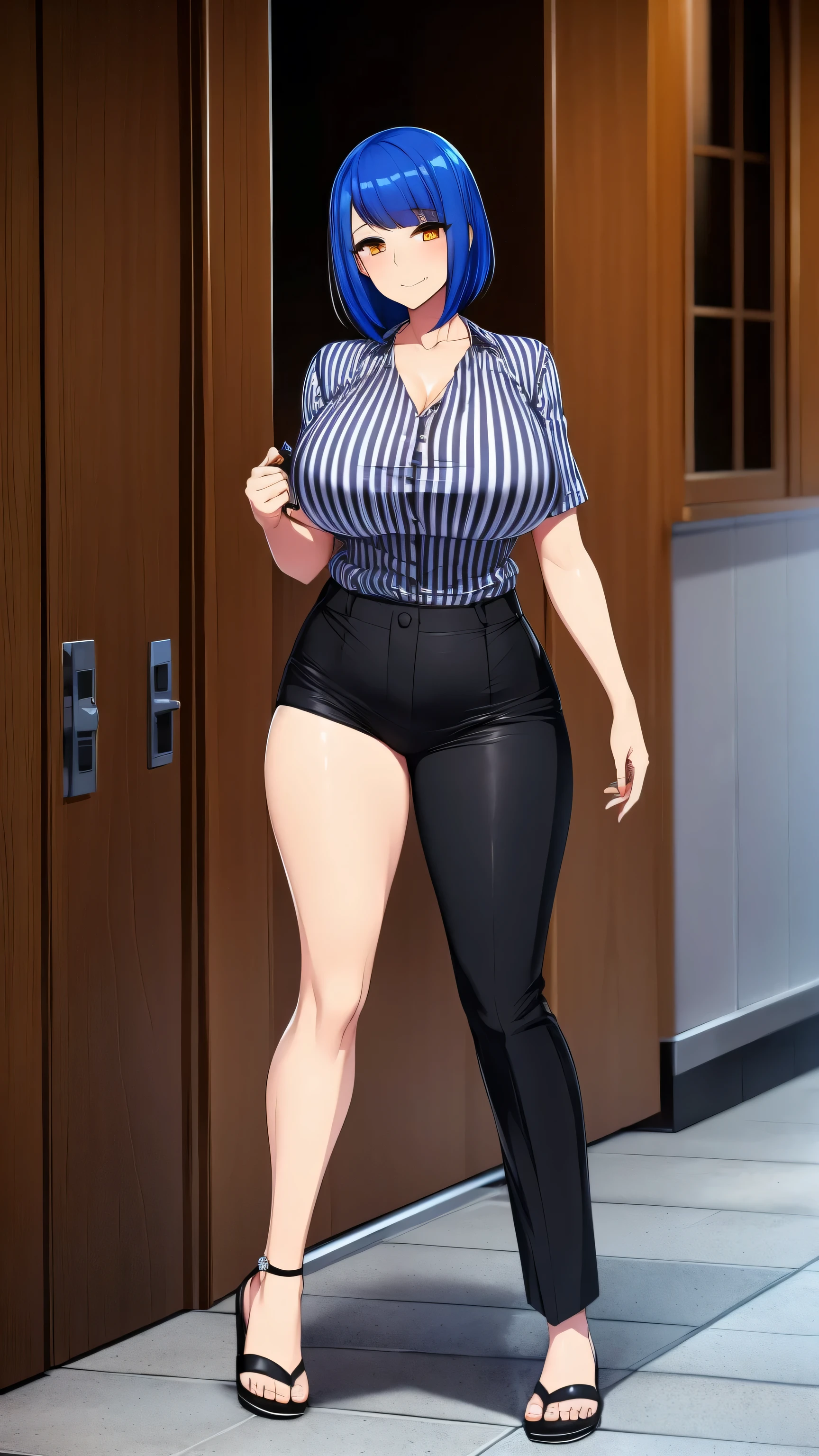 A sexy attractive beautiful woman with big breasts, royal blue hair, round cut, her orange eyes are dressed in a black and white striped blouse and long black pants, yellow flip flops