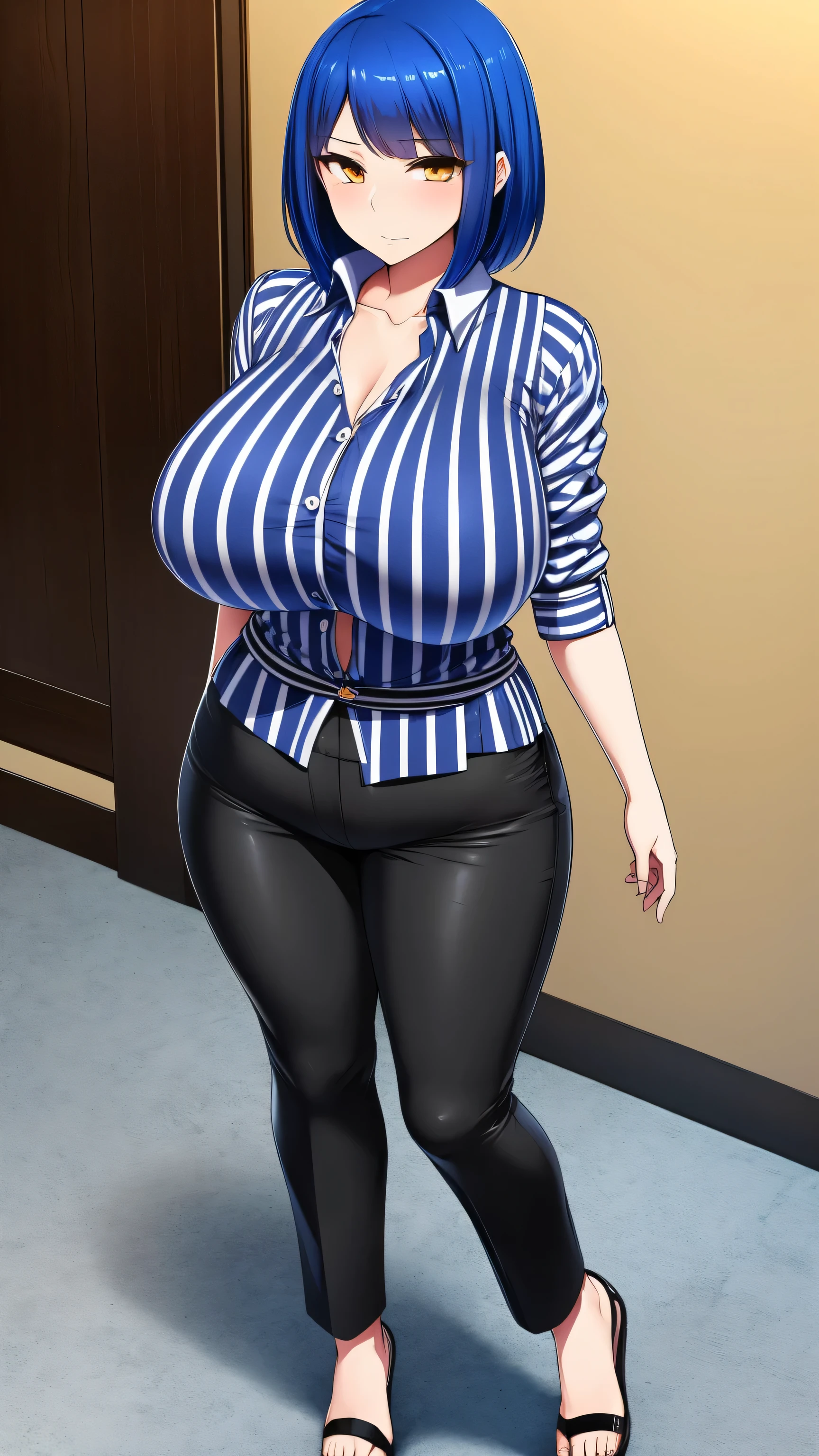 A sexy attractive beautiful woman with big breasts, royal blue hair, round cut, her orange eyes are dressed in a black and white striped blouse and long black pants, yellow flip flops