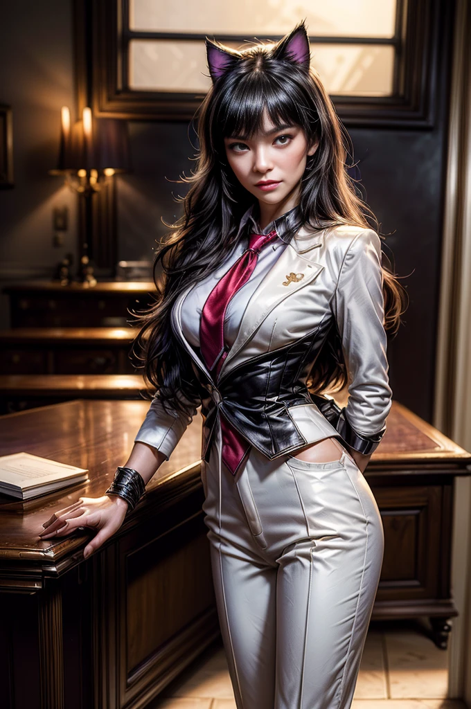 (masterpiece, best quality, detailed), 1girl, solo, looking at viewer, candace, (dark skin, dark-skinned female:1.3), eye of horus, jewelry, hair ornament, short hair with long locks, sidelocks, large breasts, long hair, ((heterochromia)),
pant suit, suit, formal, white suit, white pants, necktie, white shirt, basement, (dark:1.5), dimly lit, ojou-sama pose, laughing, hand on hip, naughty face, smug