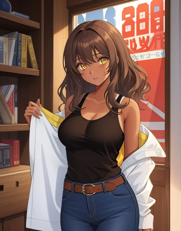 1girl, solo, mixed race Nicaraguan-Navajo woman, 24yo, wavy hair, brown hair, (yellow eyes:1.5), (tan-bronze skin:1.4), athletic figure, medium breasts BREAK She’s wearing early 2000's fashion: opened red jacket, black tank-top, belt, jeans BREAK looking at viewer, BREAK set in the early 2000’s, BREAK (masterpiece:1.2), best quality, high resolution, unity 8k wallpaper, (illustration:0.8), (beautiful detailed eyes:1.6), extremely detailed face, perfect lighting, extremely detailed CG, (perfect hands, perfect anatomy),