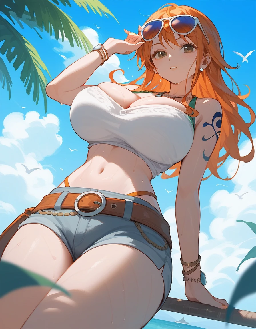 detailed background, masterpiece, best quality, 1girl, solo, nami \(one piece\), 1girl, bangle, bangs, bare shoulders, belt, bikini, bikini top only, blue sky, bracelet, breasts, brown eyes, bubble, cleavage, cloud, cowboy shot, day, denim, earrings, floating hair, green belt, green bikini, groin, jeans, jewelry, (((Big naked boobs with pink nipples))), ((beautiful boobs and vagina)), ((perfect vagina and boobs)), log pose, long hair, looking at viewer, navel, orange hair, pants, shoulder tattoo, sidelocks, sky, smile, solo, standing, stomach, swimsuit, tattoo , looking at viewer