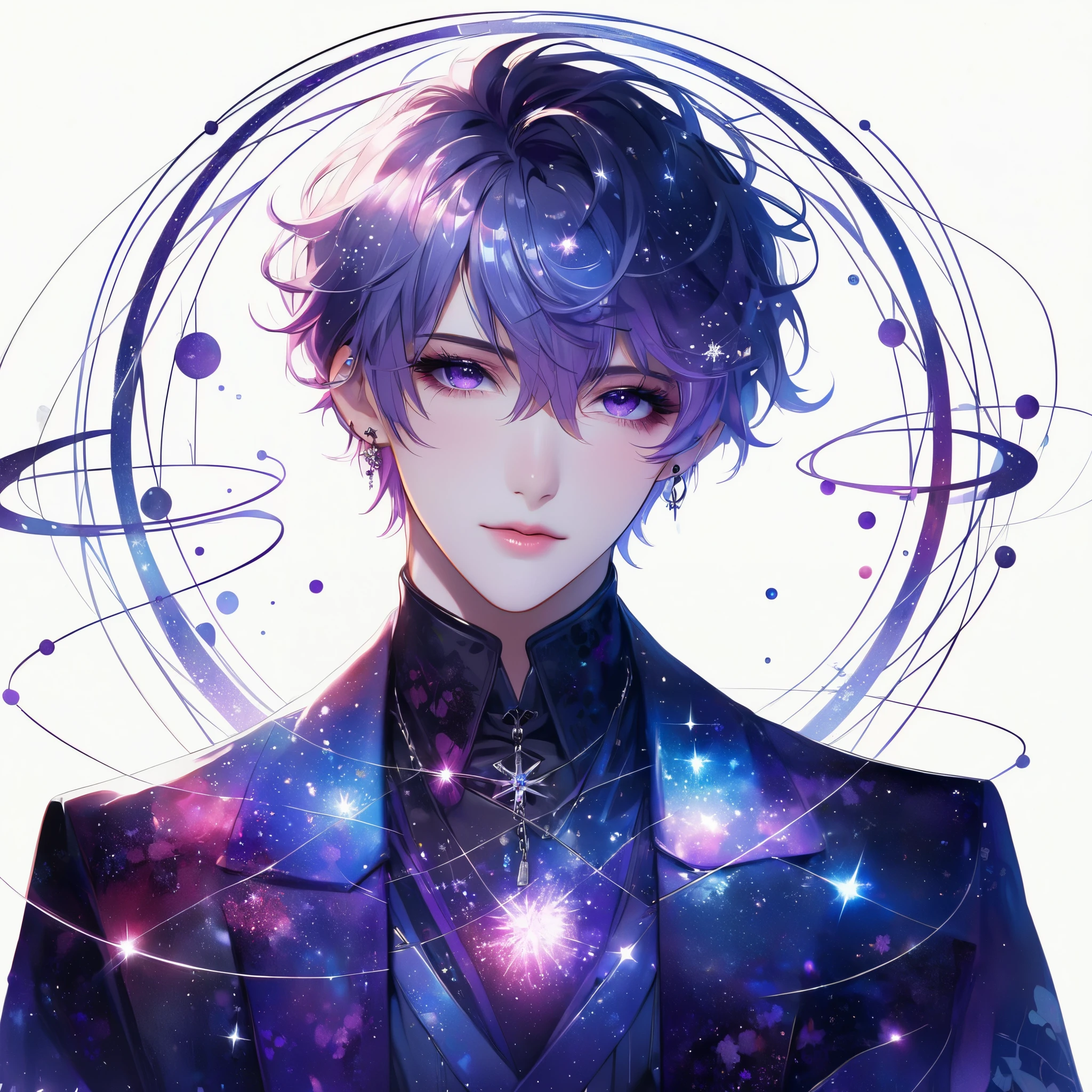 The character  Boy and stylized appearance, with short purple hair and a slightly falling fringe in the front, adorned with white details resembling crystals or shimmering strands. Their large, purple eyes are emphasized by intricate makeup in shades of pink and purple, featuring snowflakes and small sparkles. They wear dangling star-shaped earrings and a silver accessory on the side of their head, reinforcing a celestial theme.
Their outfit is predominantly black with purple accents, including chains, buckles, and pockets with small decorative elements like a plush panda attached to the jacket. The jacket has a futuristic style, with angular cuts and metallic details. On their legs, there are purple belts and straps over black pants with a subtle pattern, and their platform boots are black with chains and white cross symbols, completing the look.
The character’s style combines gothic, futuristic, and magical elements, creating a dark yet ethereal aesthetic, perfect for a fantasy universe with advanced technologyAlta resolução, Preciso, Detalhes altos, Ultra HD, Raios de luz divina, Estilo anime, Anime, Ilustração, Hiperdetalhado, Arte gótica, 