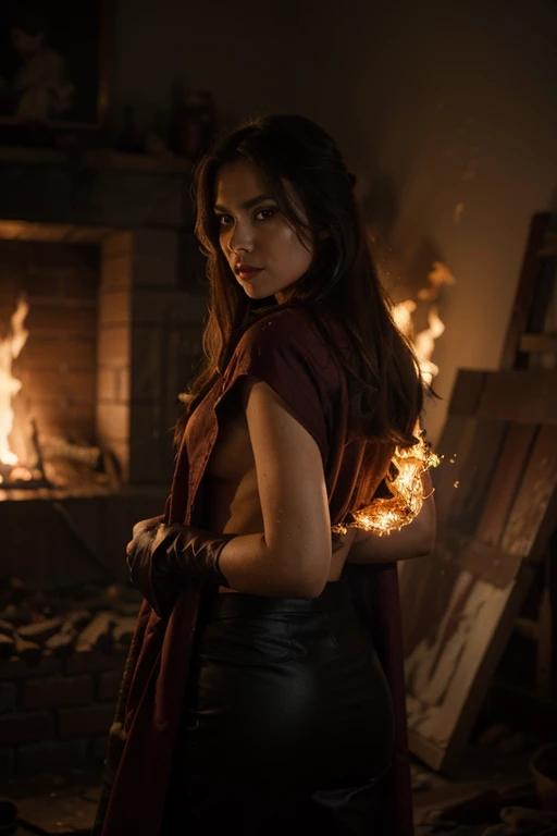 1girl in, 30 years old, Square face, Long hair, Looking at viewer, jewelry, Realistic, Sexy, devil costume - with wings, hell gate - lava, free pose