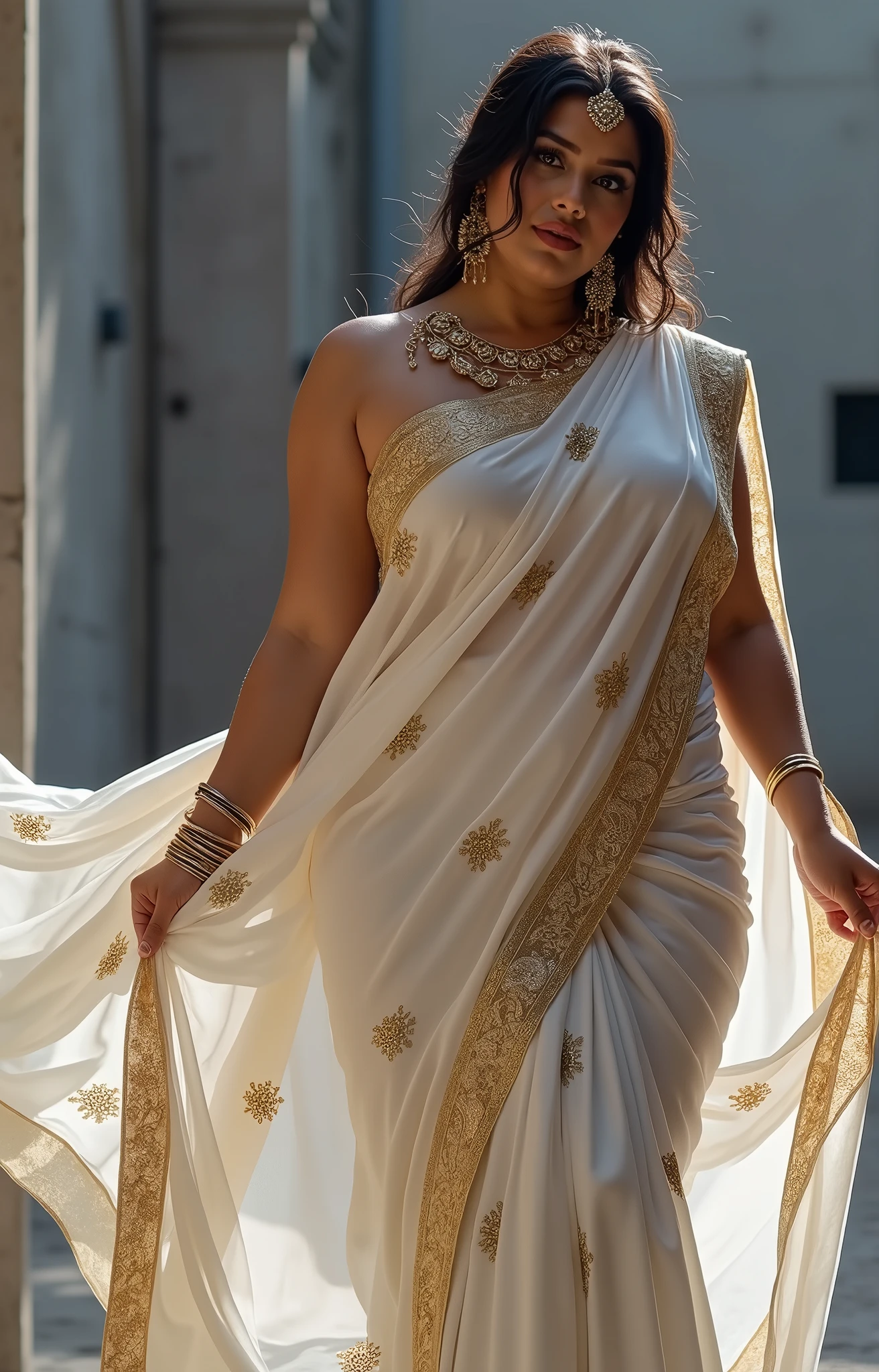 Araffe woman in a white sari walking down a street - SeaArt AI