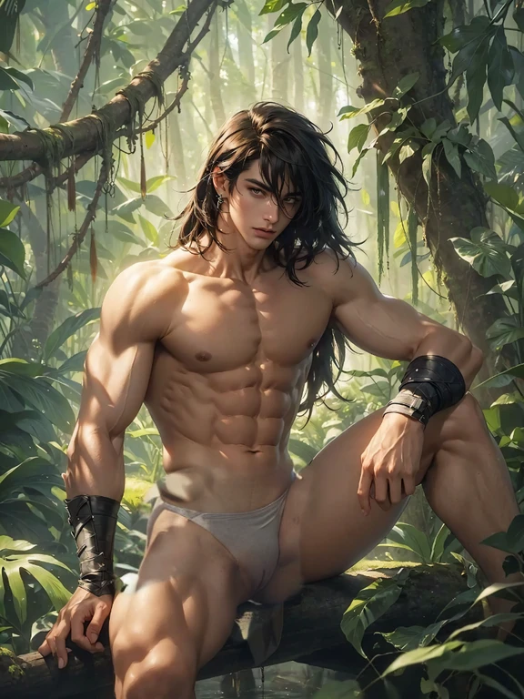 ((Lord Clayton Greystoke, also known as Tarzan of the Apes)),(Tarzan, character of the jungles),(male),(Sexy boy),((((1male,1 male, 1man, 1 man:1.5,man,male,male gender:1.5)))),((((young man,22 year old man,young)))),macho man,

((long flowing hair,long dark brown hair,dark brown hair)),(((blue_eyes:1.3))),intricate eyes,beautiful detailed eyes,symmetrical eyes,(ultra-detailed black eyes:1.1,symmetrical eyes:1),man chest,(((dark skin lustrous skin:1.5,tanned skin,bright skin: 1.5,skin tanned,shiny skin,very shiny skin,shiny body))),(((detailed face))),(model of a perfect face, elegant male face, attractive face),((powerful and athletic physique, muscular body with a bare torso)),

agile movements, fearless and confident expression,intense gaze, deep connection with nature, wild and untamed spirit,

(((bare chest,naked torso,bare neck,bare shoulders,bare legs,bare torso))),(((narrow loincloth of a primitive man, tiny loincloth,Tarzan's characteristic loincloth))),((bulge in loincloth)),

dynamic pose,looking at viewer,angry ,centered,scale to fit dimensions,Rule of thirds,

((((many fireflies,fireflies,glowing fireflies,fireflies in the background)))),

outdoors,overgrown,(overgrown background,glowing crystals,bioluminescent plant),scenery,extremely scenery,(((glowing crystals,bioluminescent plants))),(puddles everywhere,moss,moss on the background),clouds,lily pads,palms,reeds,(sunset, golden hour),

(Glossy jungle ornaments),highres,sharp focus,(ultra detailed,extremely detailed),(photorealistic artwork:1.37),(extremely detailed CG unity 8k wallpaper),(((vibrant colors,vibrant theme))),(intricate),(masterpiece),(best quality),artistic photography,(photography taken by sldr),(intricate background),perfect rendered face,perfect face details,realistic face,photo realistic,((intricate detail)),(((realism))),
