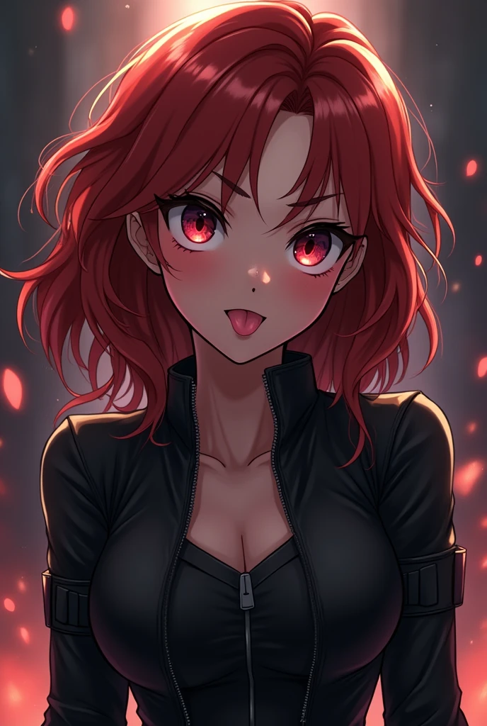 beautiful, masterpiece, Best Quality, extremely detailed face, perfect lighting,1 girl, Alone, Ryuuko Matoi, black seraph, black skirt, Red hair, Senketsu, torn clothes, under the chest