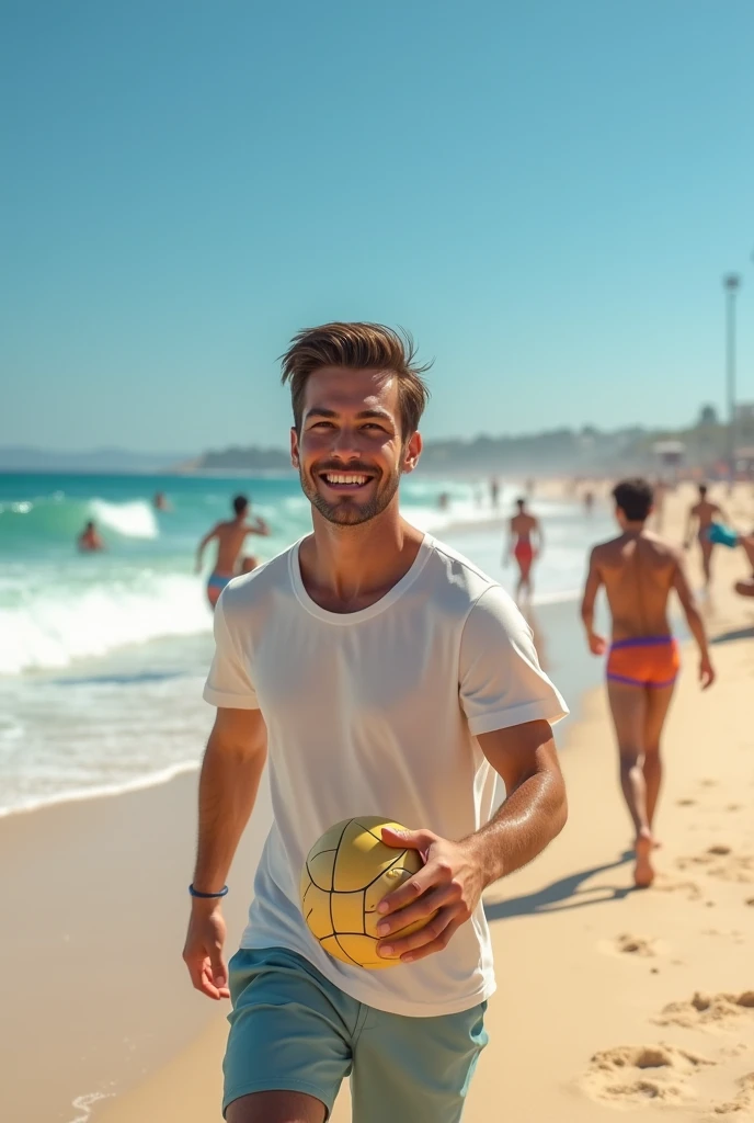 Chris Evans wearing a number 4 logo blue tank at a caribean beach day time blue sky