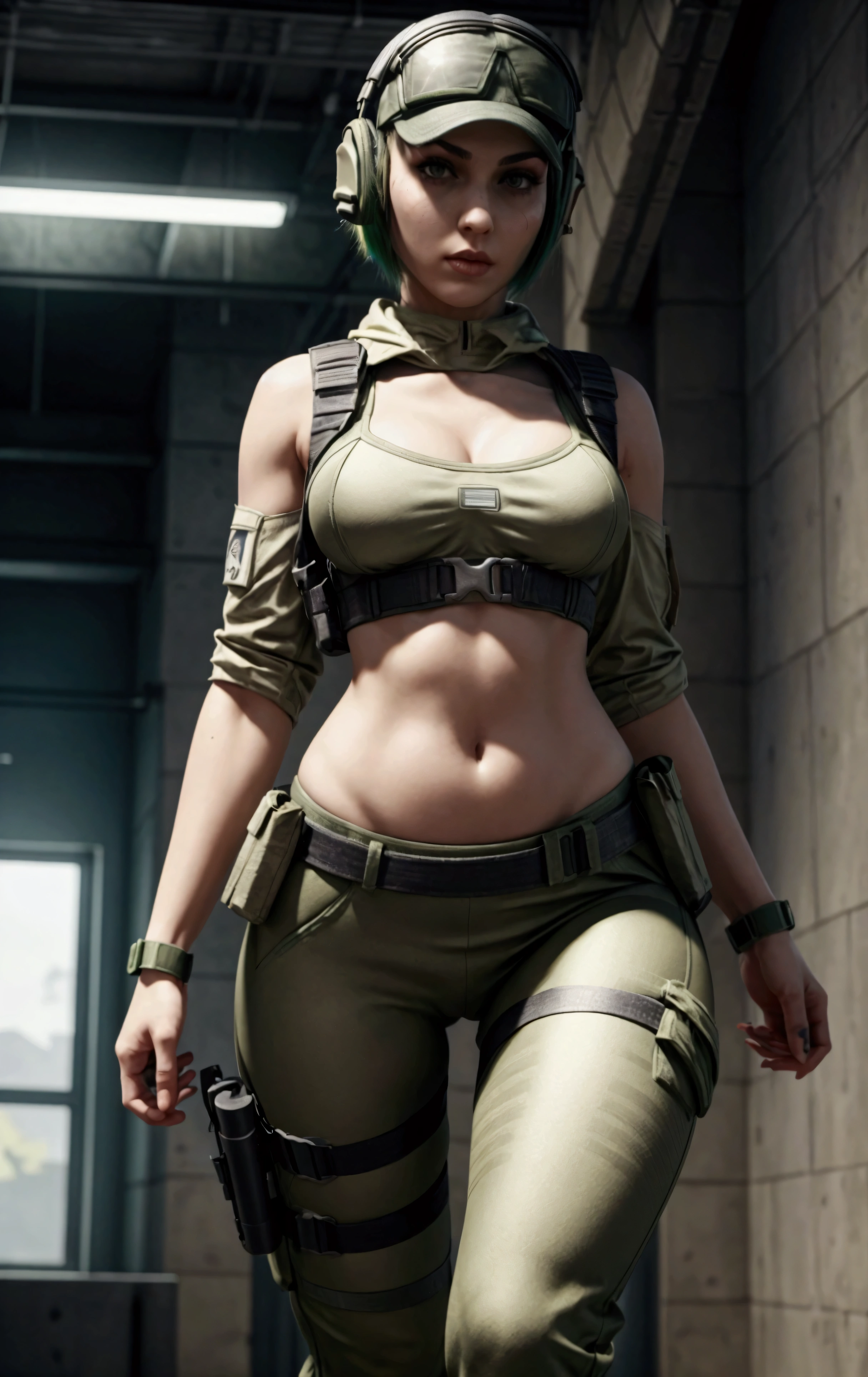 ela rainbow six siege, green short hair, cap, tactical headphones, belts, straps, open belly, tight cloth, sexy pose, pockets on the cloth, thin narrow waist, 4 size breasts, yoga military pants