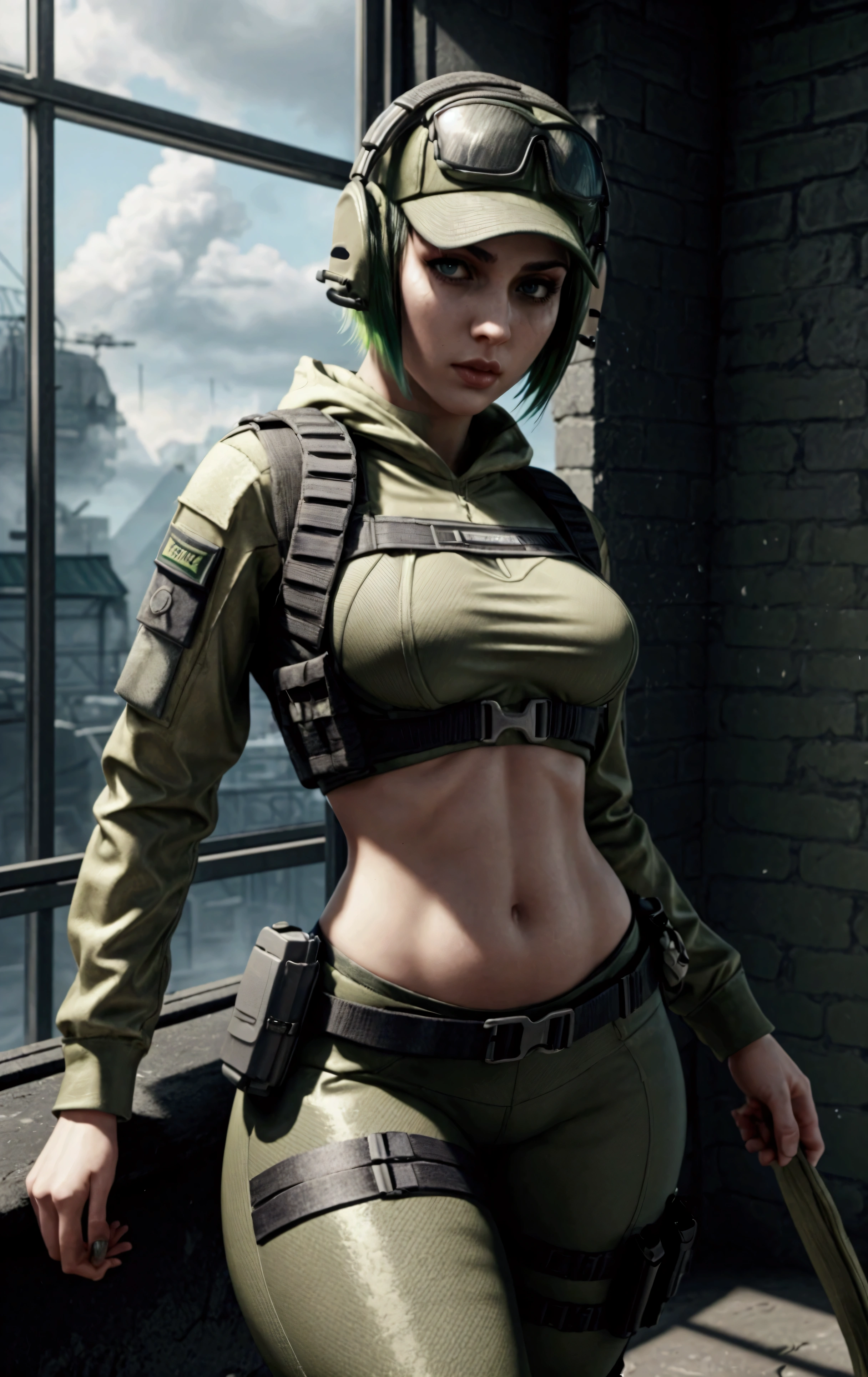 beanie,belt,big breasts,cybernetics,g-string,glasses,high tagia,jacket,micro bikini,revealing clothes,skimpy,visible breasts