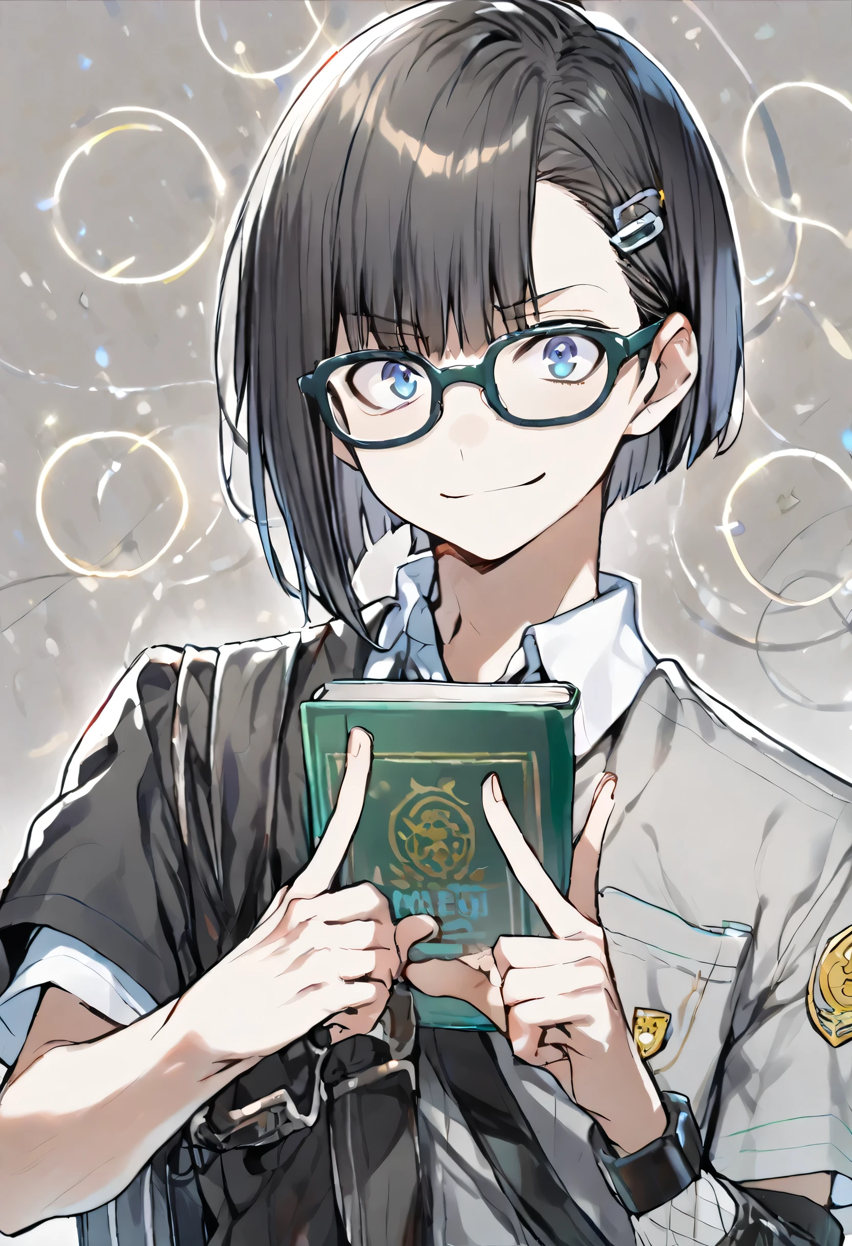 One boy、juvenile、wearing school uniform and glasses、One buzz cut、Highest quality、Black Hair、(Long Bangs:1.3)、hairpin、(one arm holding a book:1.3)、(Fingers make small circles:1.9)、(confident:1.3), (glasses)