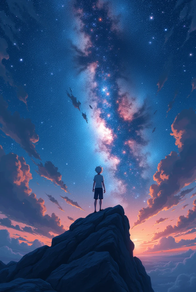 there is a man standing on a hill with a camera, gazing off into the horizon, looking into the horizon, looking to the sky, looking off into the distance, looking at the sky, looking into the distance, sitting on the cosmic cloudscape, lalafell, looking onto the horizon, looking up at the stars, from bravely default ii