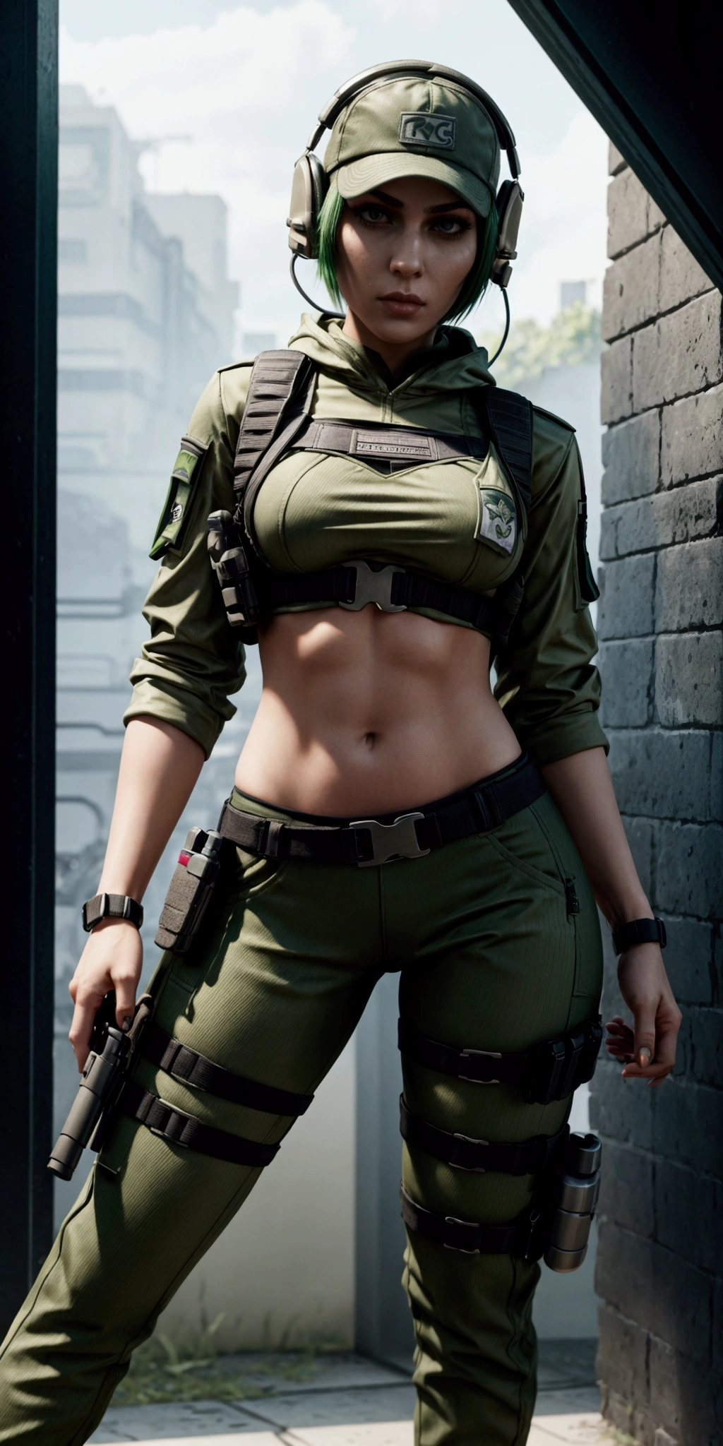 ela rainbow six siege, green short hair, cap, tactical headphones, belts, straps, tight cloth, sexy pose, pockets on the cloth, thin narrow waist, 4 size breasts, yoga military pants