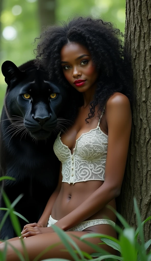 Curly black woman with an animal jaguar