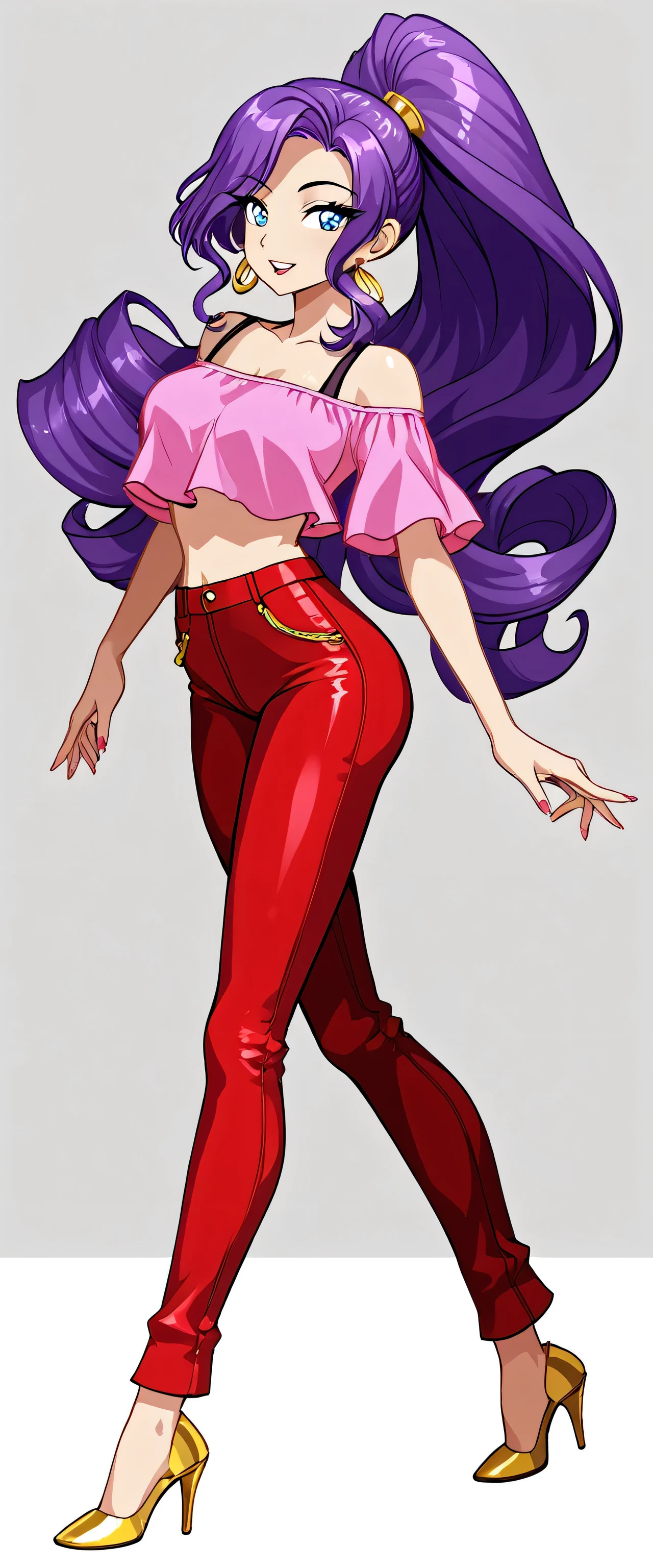 A beautiful sexy girl with long wavy purple hair and a ponytail. Her blue eyes are wearing a pink top with a gold line and wide red pants with long gold heels.