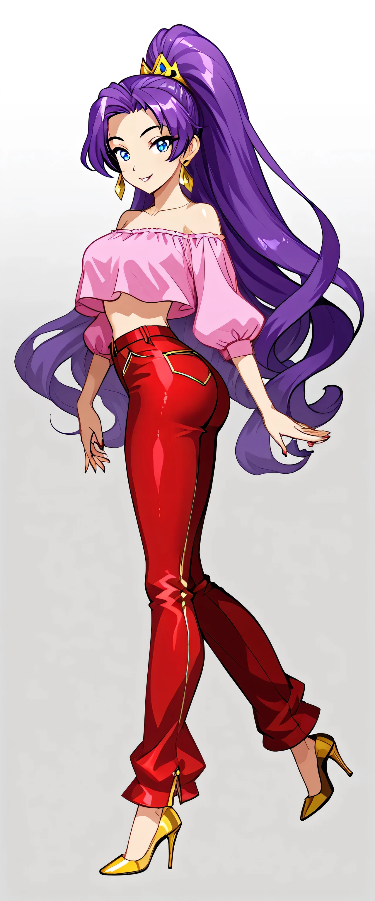 A beautiful sexy girl with long wavy purple hair and a ponytail. Her blue eyes are wearing a pink top with a gold line and wide red pants with long gold heels.