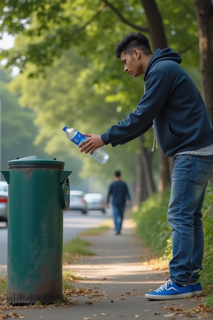 teenager picking up trash in a park
