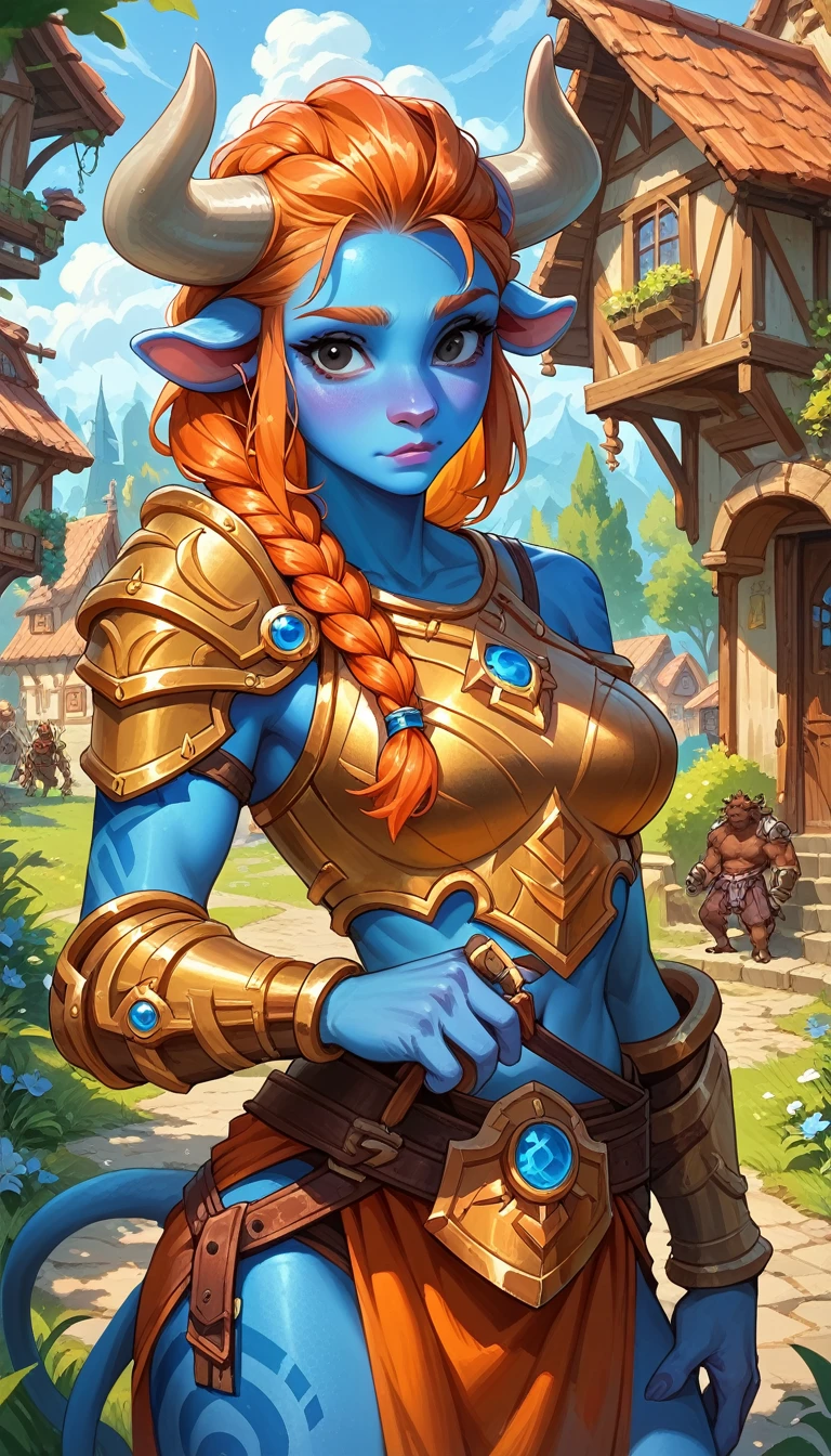 score_9, score_8_up, score_7_up, anthro, minotaur, female, ((blue skin)), orange hair, braided hair, black eyes, paladin, armor, golden embroidery, small town
