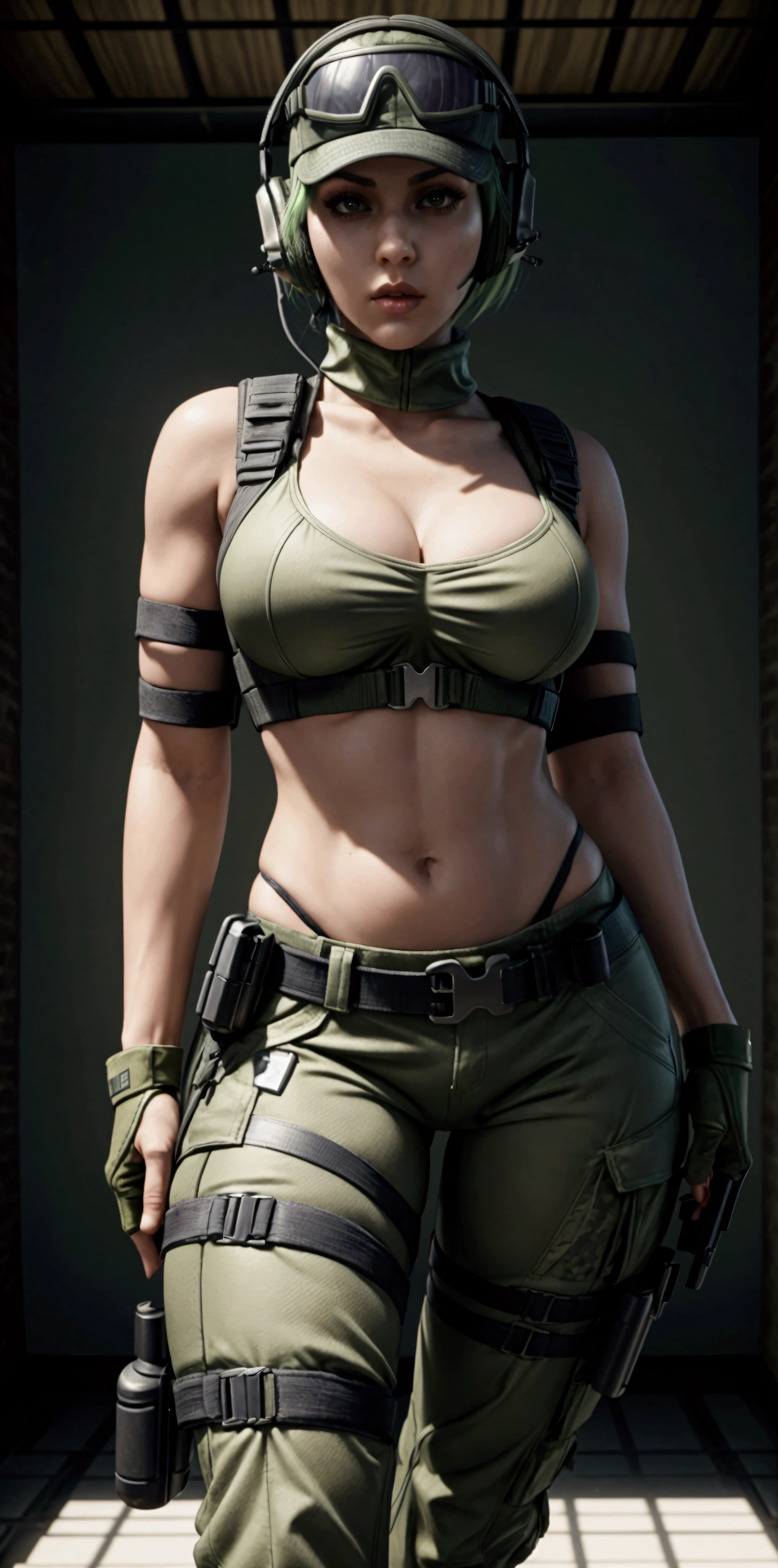 ela rainbow six siege, green short hair, cap, tactical headphones, belts, straps, tight cloth, sexy pose, pockets on the cloth, thin narrow waist, big sexy breasts, yoga military pants, googles, tactical gloves, headset,