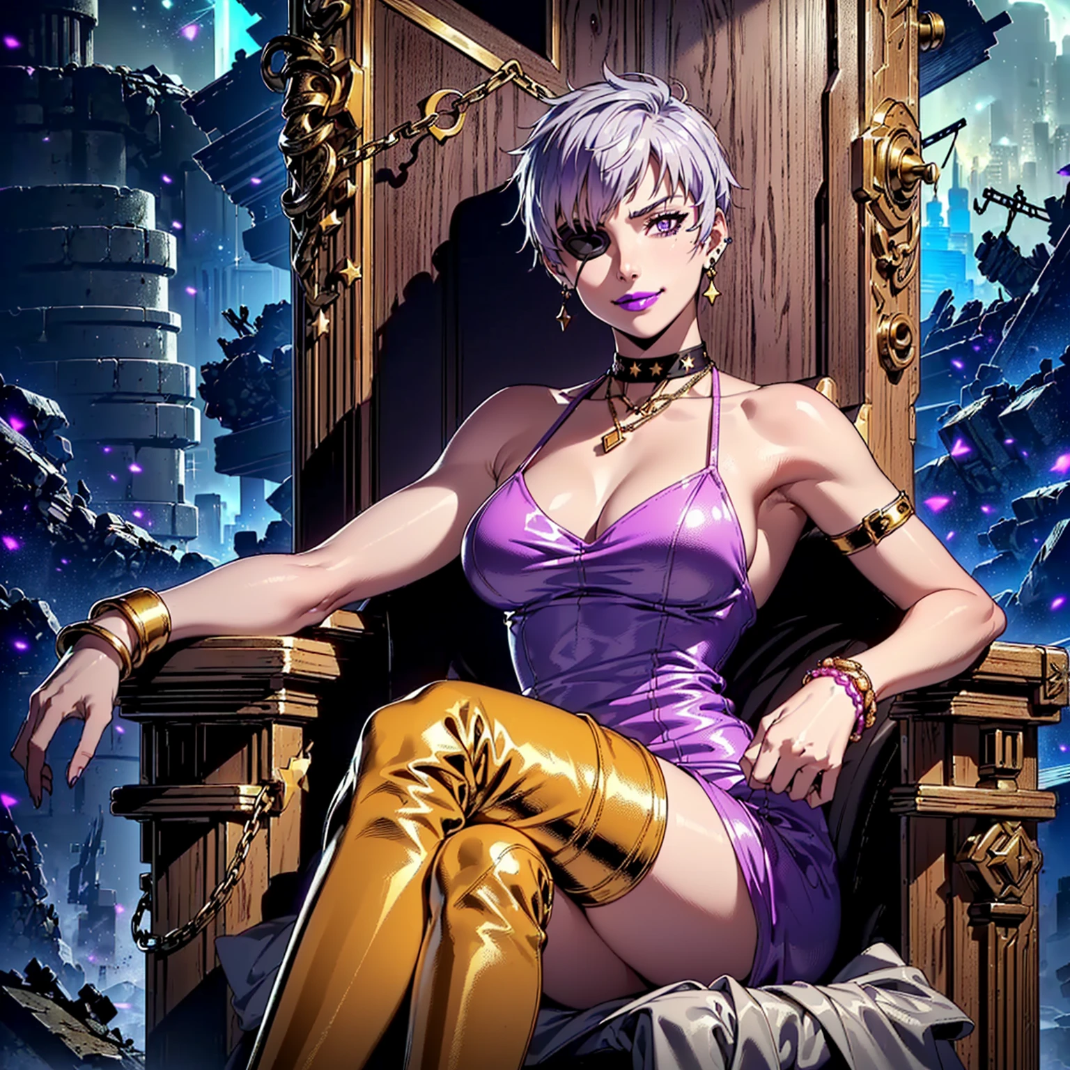 (1girl, Alone, alone), (najenda, short hair, (eye patch, purple eyes:1.3), grey hair, eyepatch, eye patch, single mechanical arm, Silver Hair,Short Hair, lilac eyes), ((Alone, (1woman,pink lipstick ), extremely detailed , Soft ambient lighting, 4K, perfect eyes, a perfect face, Perfect Lighting, the 1 girl)), ((fitness, , shapely body, athletic body, toned body)) , (( dress, snake print dress, scale dress, beige leather boots, beige long boots, knee-high boots, gold jewelry, bracelets, emerald necklace, emerald earrings, throne, night constellations, starry sky, milky way, crossed legs, devastated city, rubble, smug smile ))