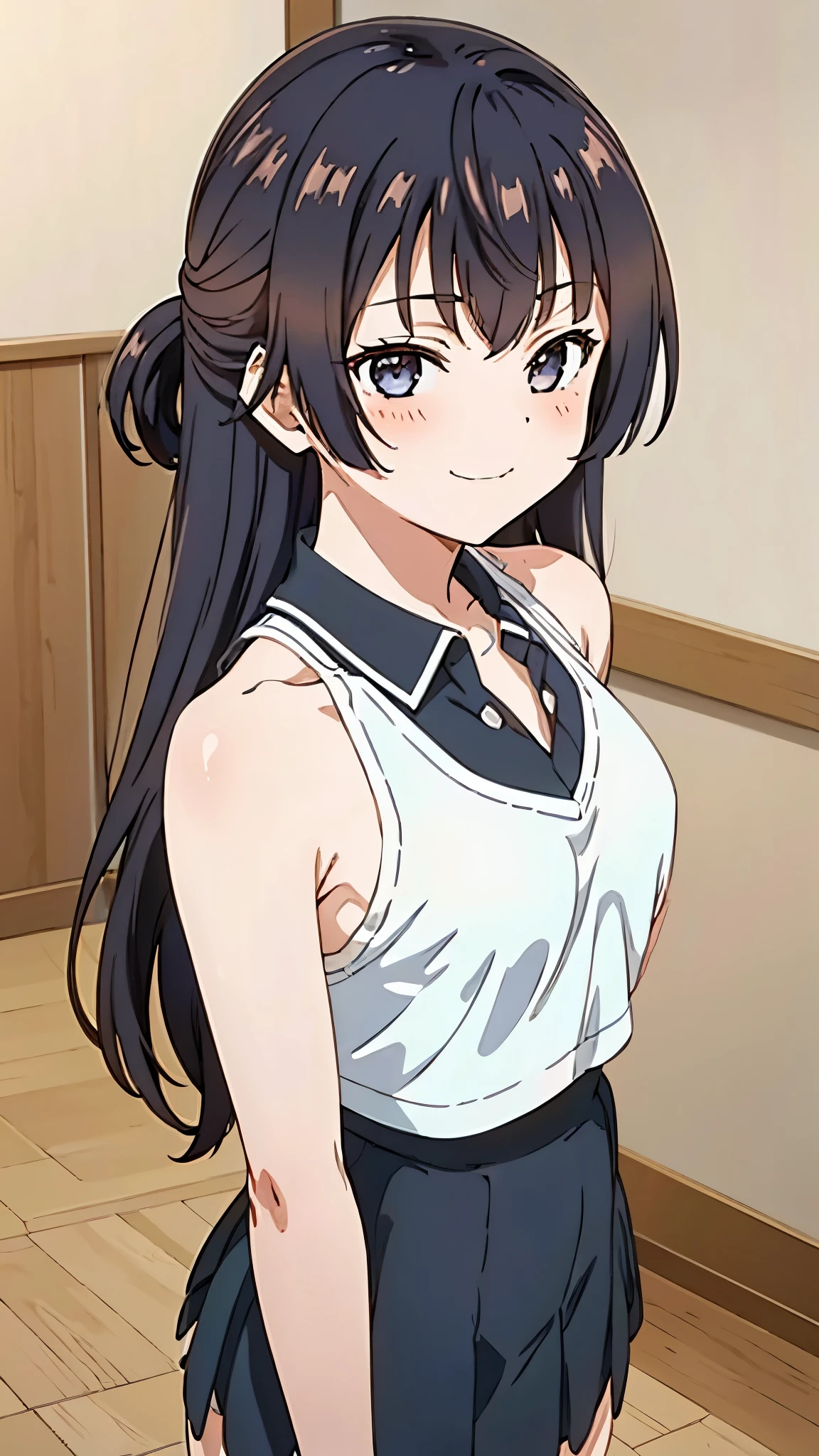 1girl, anime artstyle, masterpiece, highres, solo, 8k, detailed, perfect face, best quality, (ultra high quality), (looking at viewers), (armpit), collar, bare arms, bare shoulders, small breast, sideboob, black hair color, long hair, polo tanktop, white tanktop, mini skirt, black skirt, slim body, upper body, thighs, grinning, blush, indoors, hands up