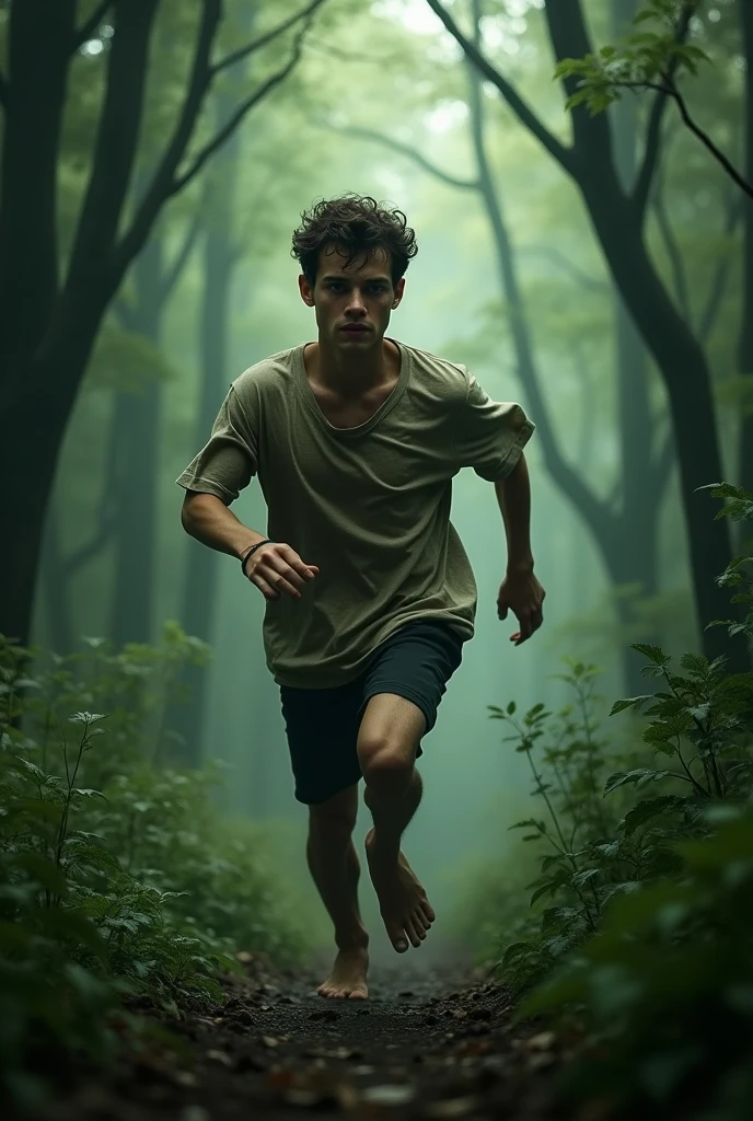 young cute handsome pretty beautiful white face soft skin skinny short hair shirtless in a jungle escaping chased by three ugly ogre man running after him