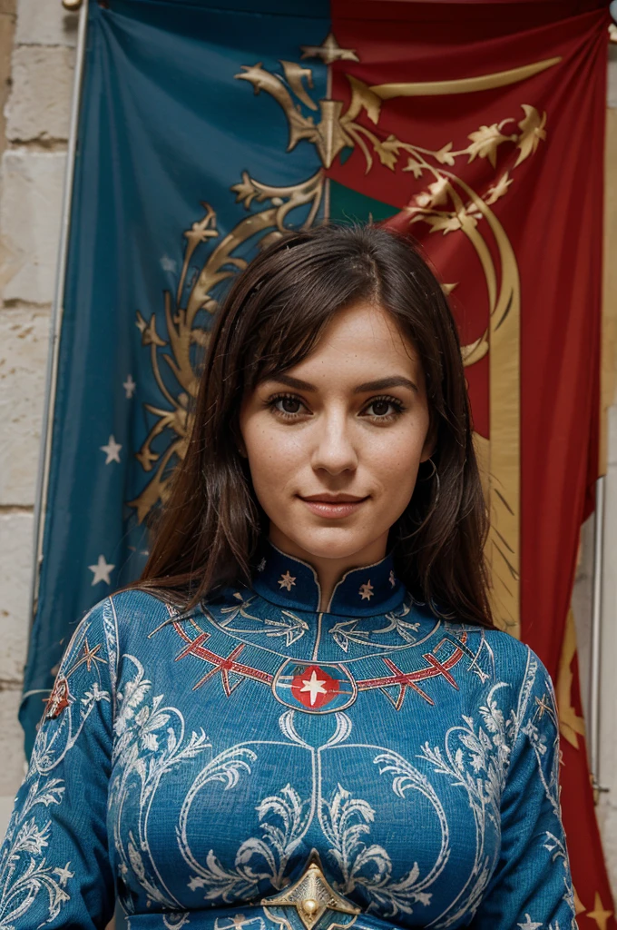 Kosovo, belle femme, smirk, ((tenue traditionnel au couleur du Kosovo)), dans la ville de Pristina, jolie visage, beau corp