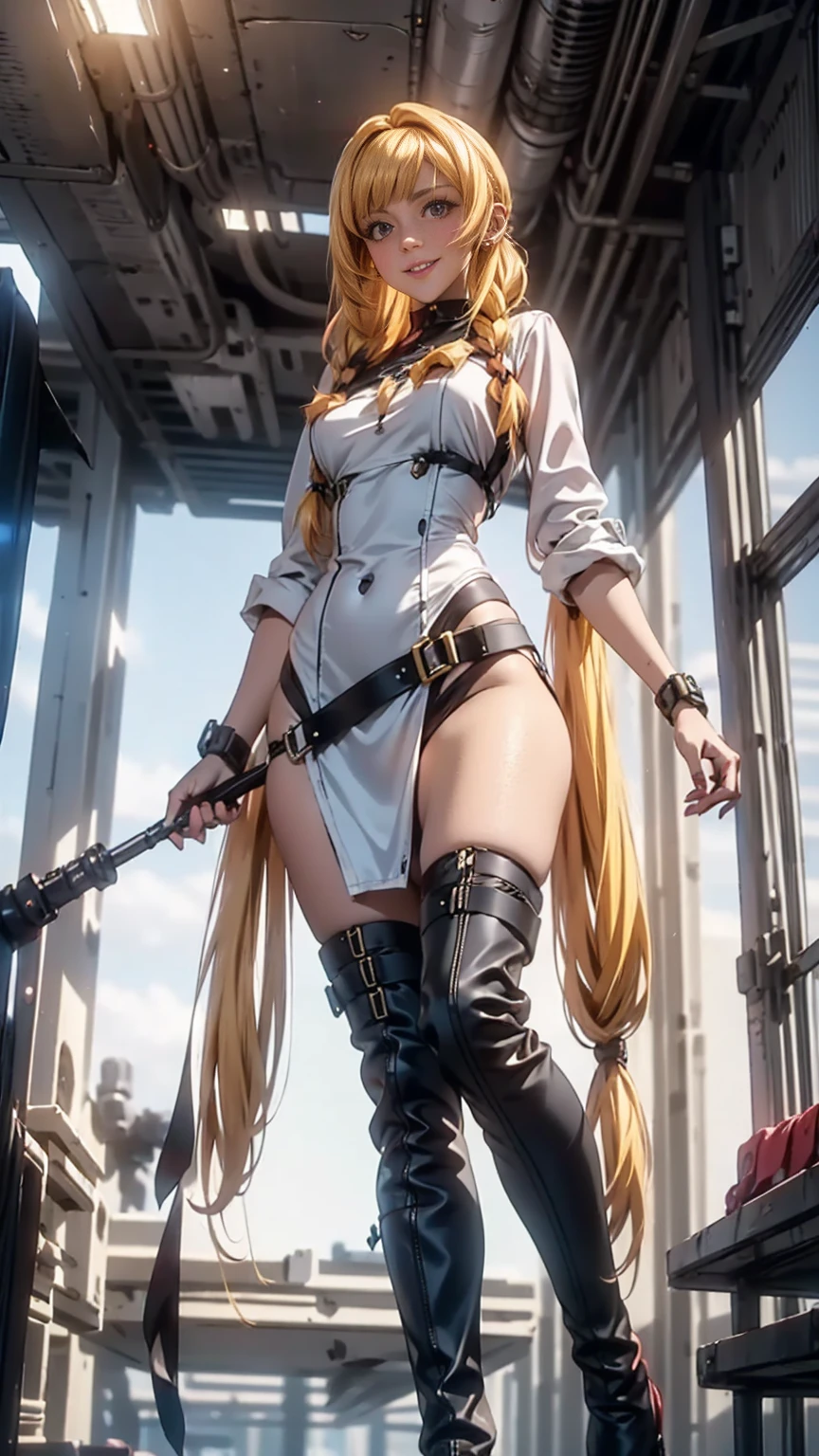 a beautiful detailed portrait of Kudelia Aina Bernstein from Gundam IBO, (Kudelia Aina Bernstein), (wide angle:1.27), (full length portrait:1.37), thigh length yellow hair in a single braid, contrapposto pose, viewing from slightly below, excited facial expression, wearing white formal gown, dress lifted, revealing tight white thigh high boots, glimpse of red thong underneath, round hips, highly detailed, intricate details, cinematic lighting, spaceship hangar Bay interior, BREAK: BJ_Gundam 