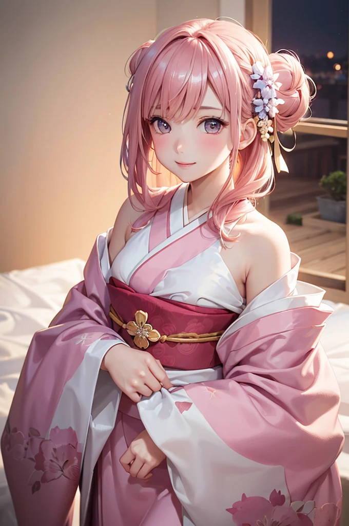 quadratic element,Not realistic,Sexual Girl,A girl who makes sexual advances,Girl trying to make me ejaculate,Kanroji Mitsuri,She shows off her cleavage,Oblique view from above,delighted expression,Kamimei,Fair-skinned girl,People around 20 years old,Pink hair,The tips of the hair are green,I can see the valley,A smile with no open mouth,sexually sensual expression,The stomach is visible,a look of condescension,She is wearing a Japanese dress with no chest area.,Best Quality,thin belly,Hot Spring Background,Small mouth,Narrow-eyed,seductive eyes