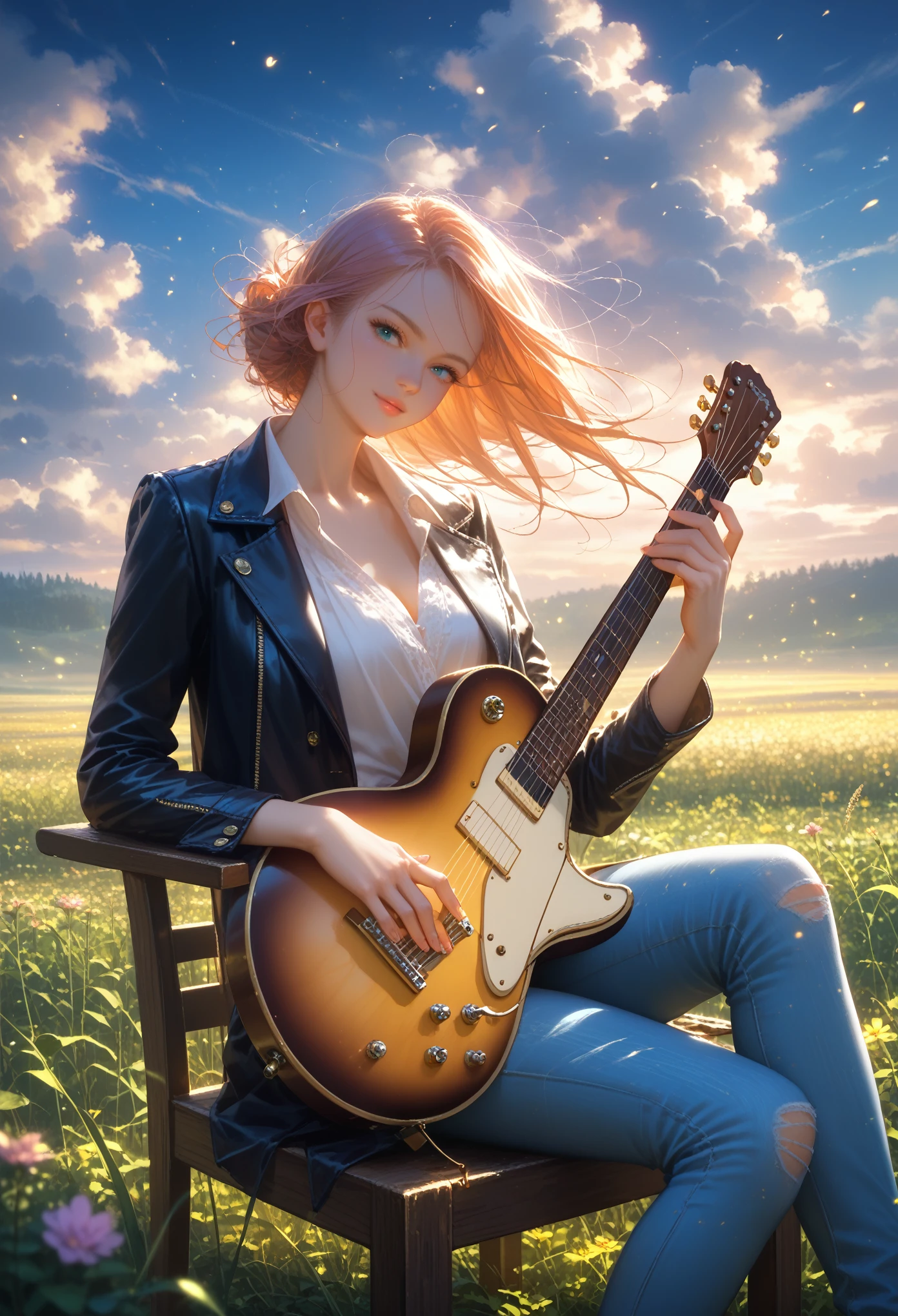 Anime Girl 2, beautiful sexy,Beautiful Body Shapes, Lush, voluminous hair, Dressed in a Leather Jacket and Jeans, Holds a Guitar in His Hands Plays It Looks at the Viewer Smiles, joy, warm colors, Background Light Weather, ears of wheat are growing, field, Wooden chair, sits, Small clouds, bright colors, Shine, Mystical landscape, A game of shadows, dynamic shadows, The Wind Blows the Ears of Corn, Very beautiful, masterpiece, maximum details, Maximum Image Quality, core_9, score_8_up, score_7_up, dramatic lighting, highly detailed, high budget, bokeh, cinemascope, moody, epic, gorgeous, film grain, grainy, masterpiece, best quality, perfect anatomy, very aesthetic, official art, 8k,
