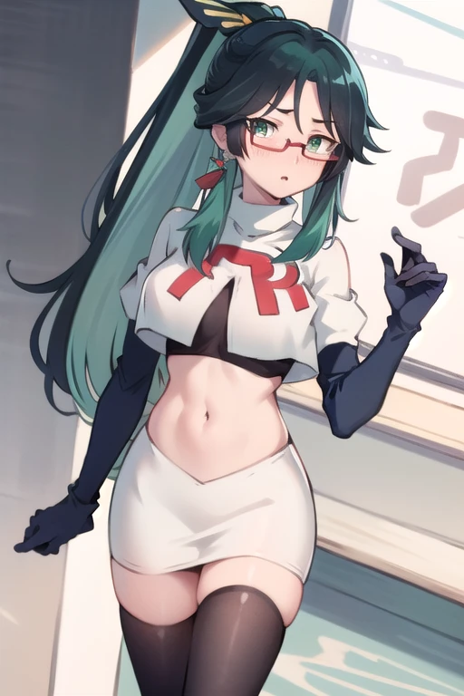 hot girl, beautiful long cyan hair, wearing glasses, cyan eyes, sexy black bikini, big but medium breasts, a black jacket no panties and long black transparent socks, wolf ears, blush