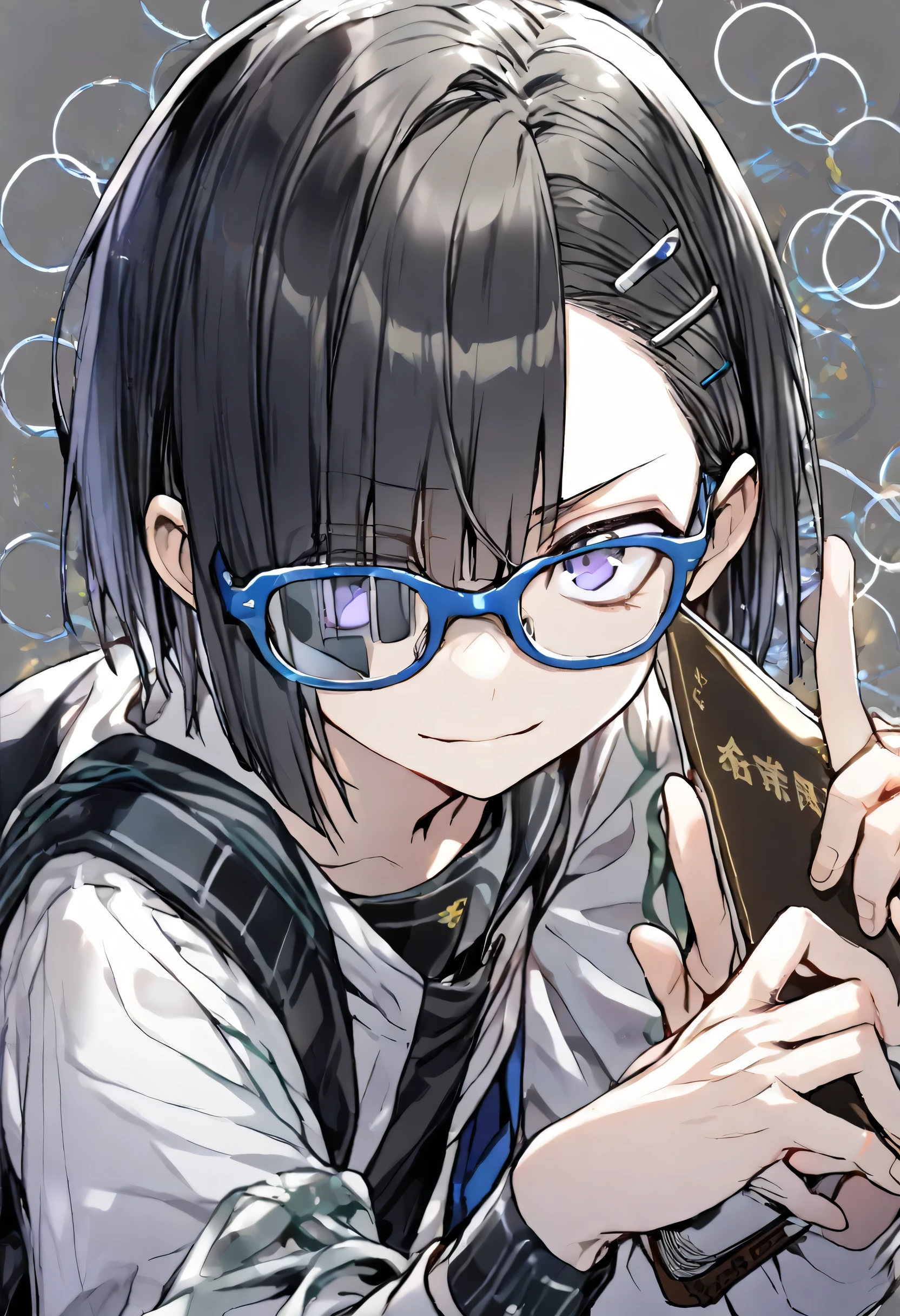 One boy、juvenile、wearing school uniform and glasses、One buzz cut、Highest quality、Black Hair、(Long Bangs:1.3)、hairpin、(one arm holding a book:1.3)、(Fingers make small circles:1.9)、(confident:1.3), (glasses)