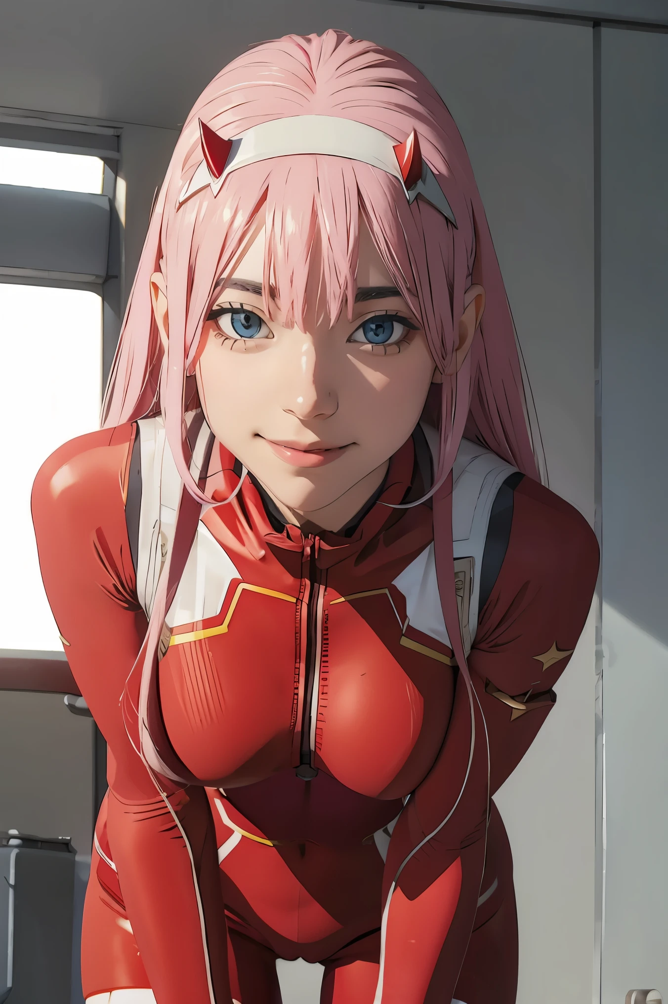 ((best quality)),((highly detailed)),masterpiece,absurdres,detailed face,beautiful face,((detailed eyes, deep eyes)),(1girl),((dynamic pose)), Zero_Two, green eyes, 1girl, solo, red bodysuit, long hair, pilot suit, pink hair, bodysuit, straight hair, hairband, standing, horns, breasts, bangs, closed mouth, looking at viewer, medium breasts, white hairband, skin tight, blunt bangs, makeup, eyeshadow, very long hair, sidelocks, expressionless, hair between eyes, red horns, shiny hair, towards viewer, smile,