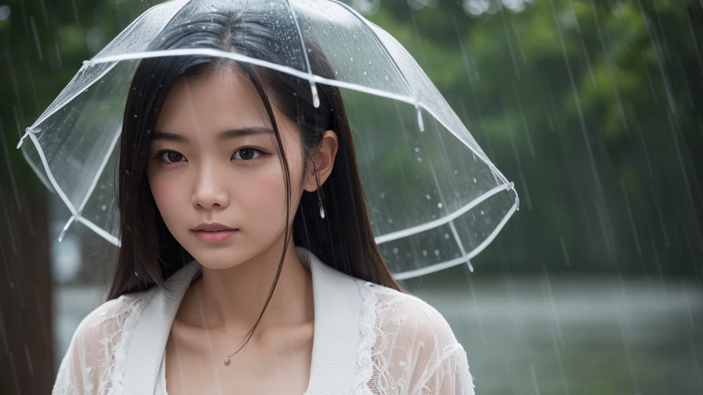 She looks up at the heavy rain sky、彼女は傘がないのでwhole bodyが雨で濡れている、My hair got wet in the heavy rain, face and clothes soaked through.　Rain-soaked through face or dripping water　masterpiece、超High resolution、well done!、She has a very pretty face and is young like an idol.々Has a good figure.18 year old Japanese female、Gentle and cute、A gentle smile wet with rain、 Show off your cleavage.、Breathe rain　soaked through　In the heavy rain、Looking up at the rainy sky on a sidewalk in a big city at noon.　large size bust、whole body、Artistic、RAW Photos、Genuine、High resolution、Life、No copyright notice