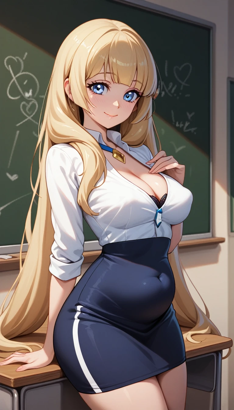 Score 9, Score 8 up, Score 7 up,, puffy nipples,
Detailed Background, Glowing Skin, blonde hair, (long twintails), teacher, in classroom, medium breasts, black skirt, smile, closed mouth, (teacher outfit). in front of chalkboard, blue eyes, cleavage, ((pregnant:0.5))