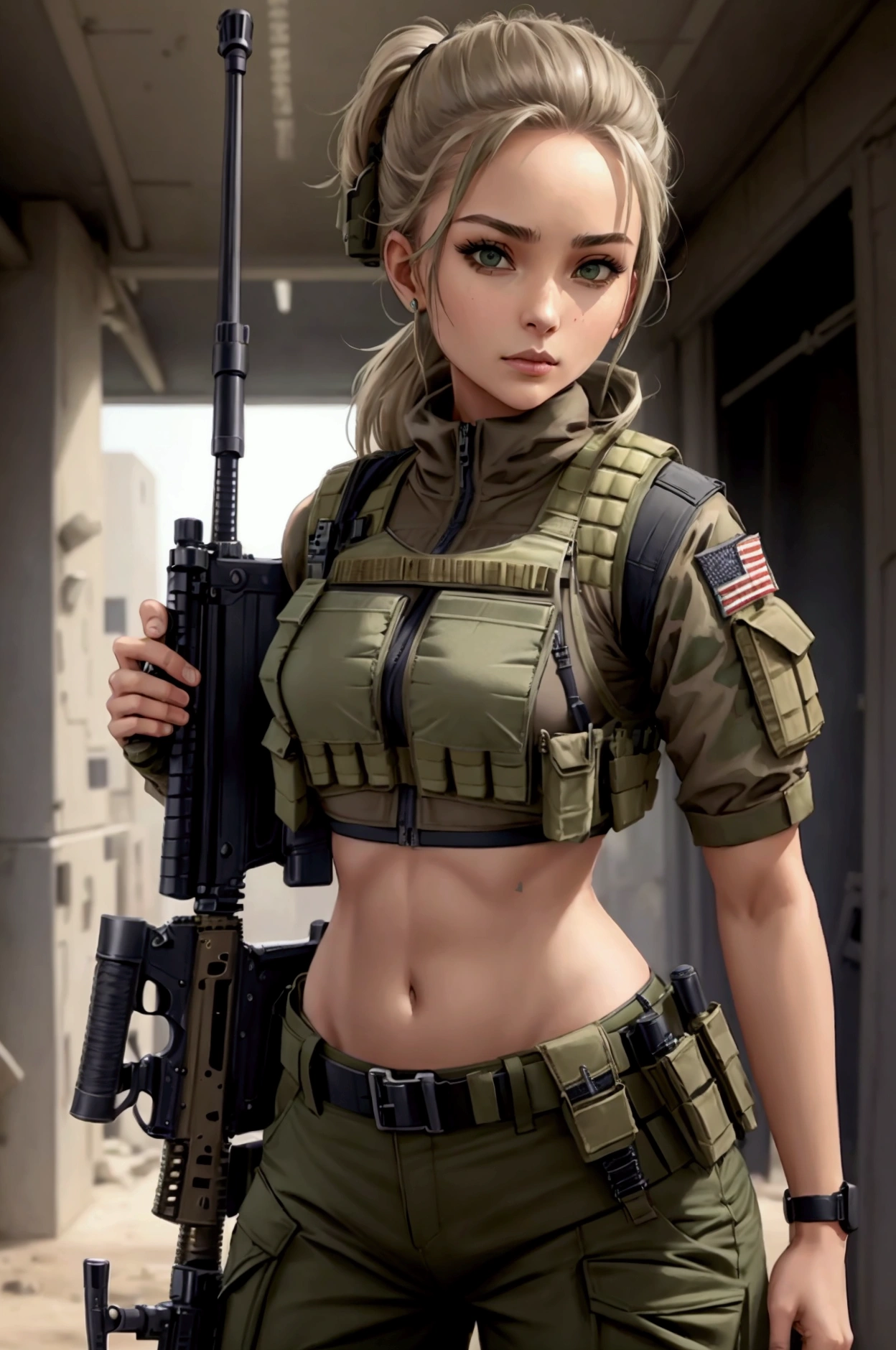 Women in crop top military bulletproof vest , military green cargo pants, belt, military helmet, tactical, (open navel), ((holding assault rifle))