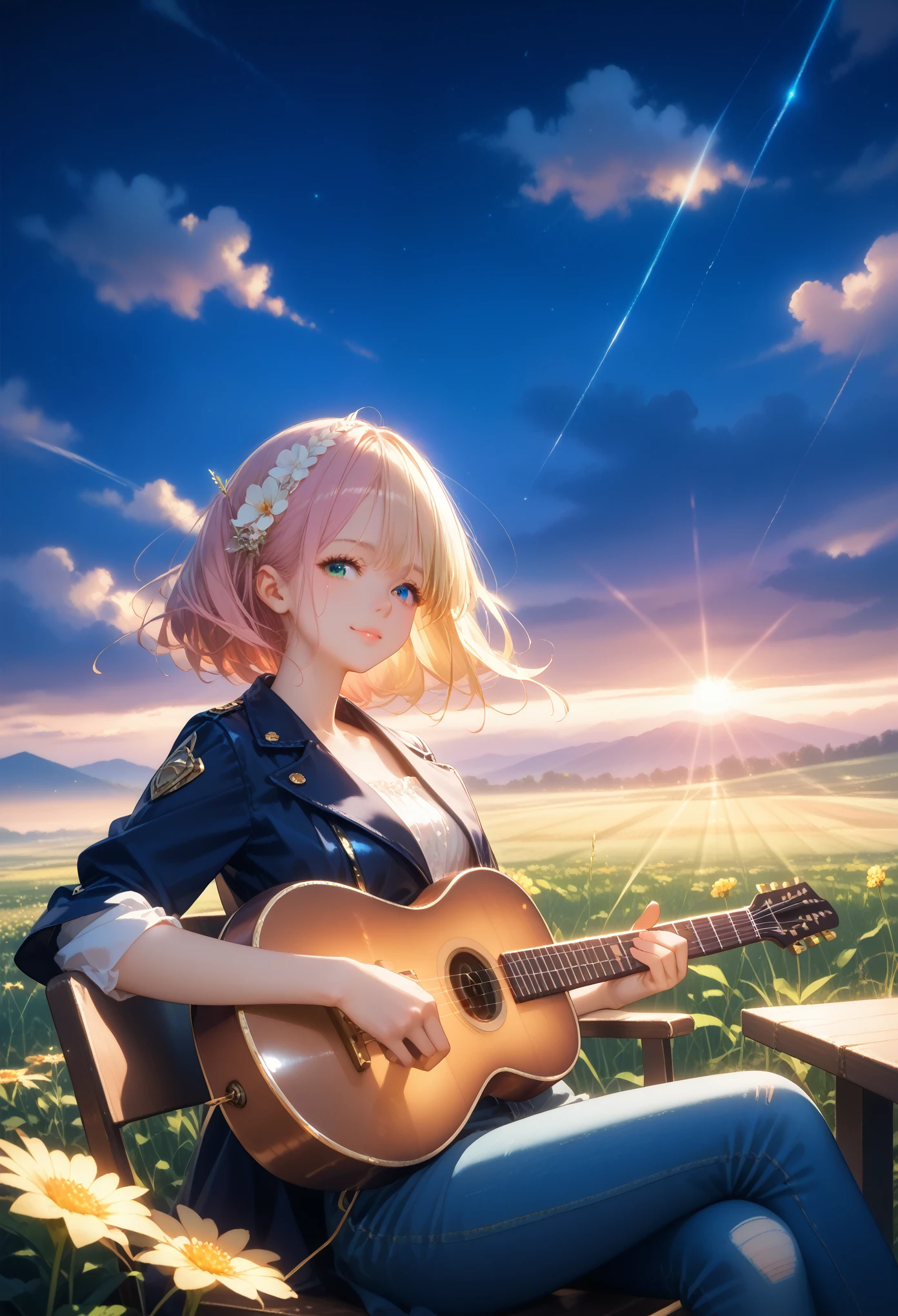 Anime Girl 2, beautiful sexy,Beautiful Body Shapes, Lush, voluminous hair, Dressed in a Leather Jacket and Jeans, Holds a Guitar in His Hands Plays It Looks at the Viewer Smiles, joy, warm colors, Background Light Weather, ears of wheat are growing, field, Wooden chair, sits, Small clouds, bright colors, Shine, Mystical landscape, A game of shadows, dynamic shadows, The Wind Blows the Ears of Corn, Very beautiful, masterpiece, maximum details, Maximum Image Quality, core_9, score_8_up, score_7_up, dramatic lighting, highly detailed, high budget, bokeh, cinemascope, moody, epic, gorgeous, film grain, grainy, masterpiece, best quality, perfect anatomy, very aesthetic, official art, 8k,