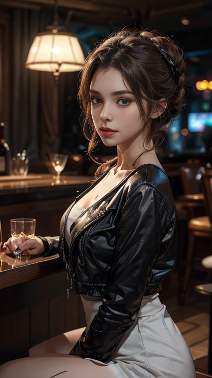 2 heads,Portrait of a 60-year-old woman with short brown hair, a captivating gaze, Brown eyes, Wrinkles on her face, She wears a very sexy black evening dress that reveals big flabby breasts, Light makeup and red lips. 32K