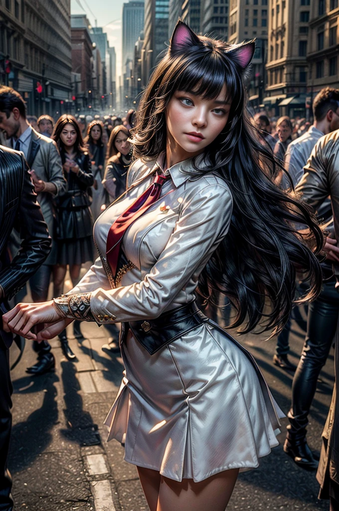 (masterpiece, best quality:1.2), solo, 1girl, cowboy shot, blake belladonna, expressionless, closed mouth, looking at viewer,  cat ears, formal, white suit, red necktie, white skirt, pointy footwear, standing in city, crowd, (masterpiece,stunning girlfriend, (standing:1.1), dynamic pose, heart shaped face, elegant face, beautiful face, highly detailed face, highly detailed skin, skin pores, subsurface scattering, realistic pupils, looking at viewer, full lips, detailed background, depth of field, atmospheric perspective, volumetric lighting, sharp focus, absurdres, realistic proportions, good anatomy, (realistic, hyperrealistic:1.4), 16k hdr,  